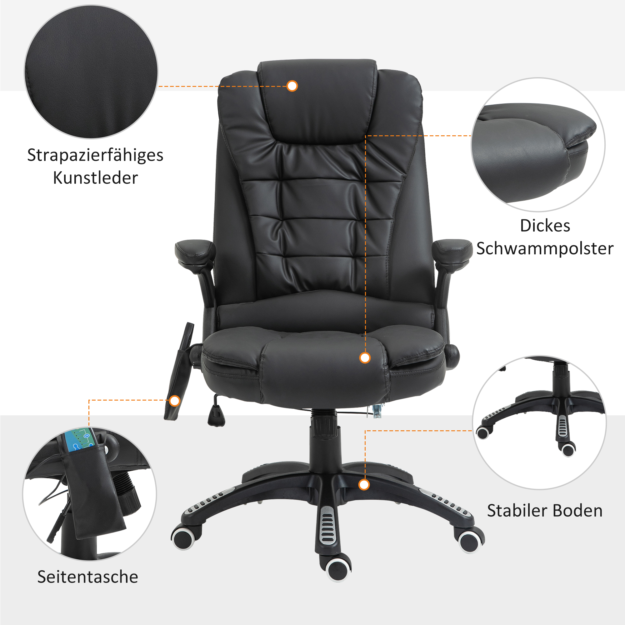 Massagesessel Bürostuhl, Chefsessel mit 6-Punkt-Vibrationsmassage und Wärmefunktion, drehbar Gaming-Stuhl, Kunstleder, 70 x 70 x 111-121 cm, Schwarz