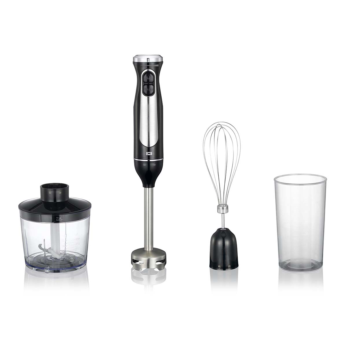 Stabmixer mit Zerkleinerer Schneebesen Tasse 600W schwarz / Edelstahl Stabmixer mit Zerkleinerer Schneebesen Tasse 600W schwarz / Edelstahl