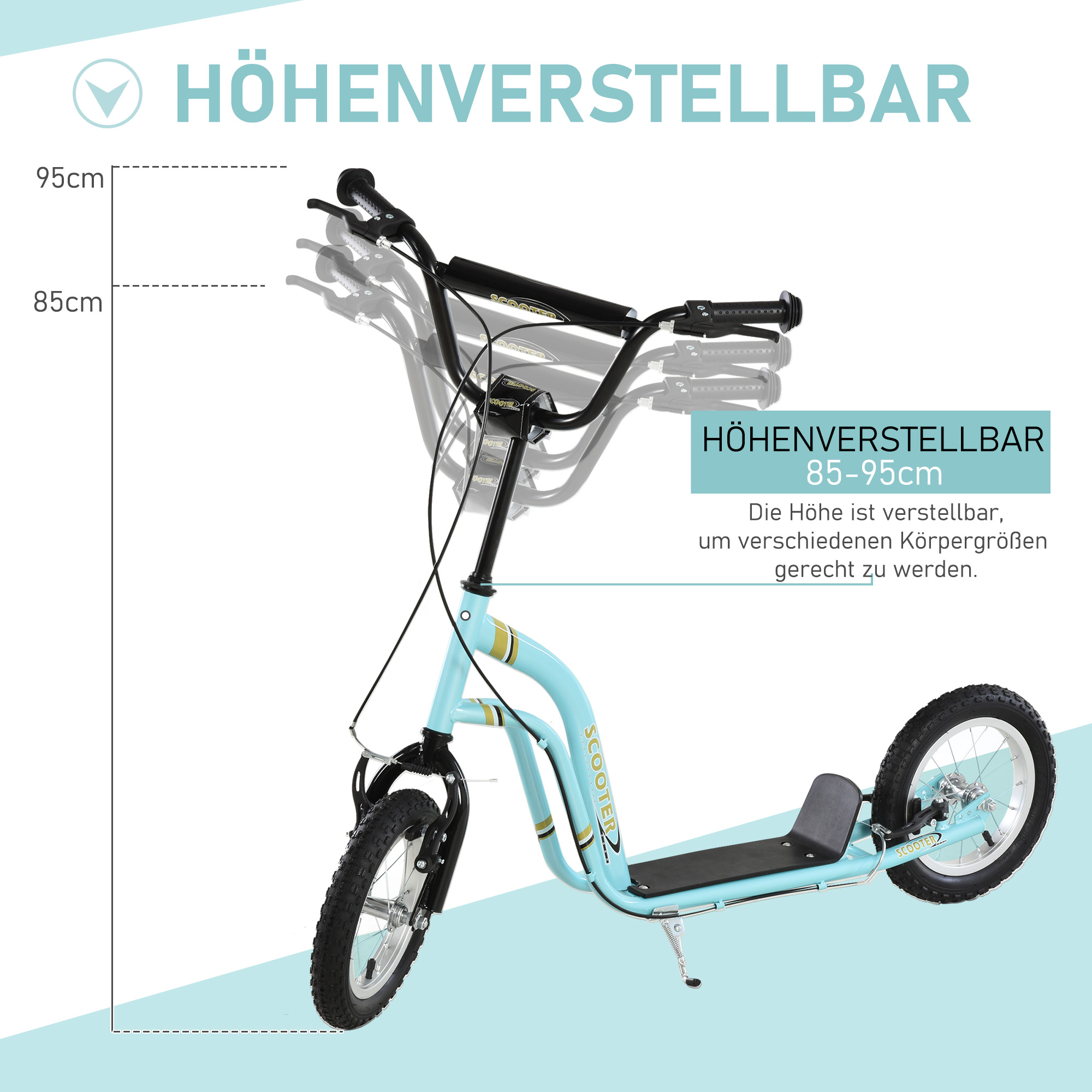 Kinderroller ab 5 Jahre, Tretroller, Cityroller für Kinder, Aluminium, 120 x 58 x 85-95 cm, Hellblau