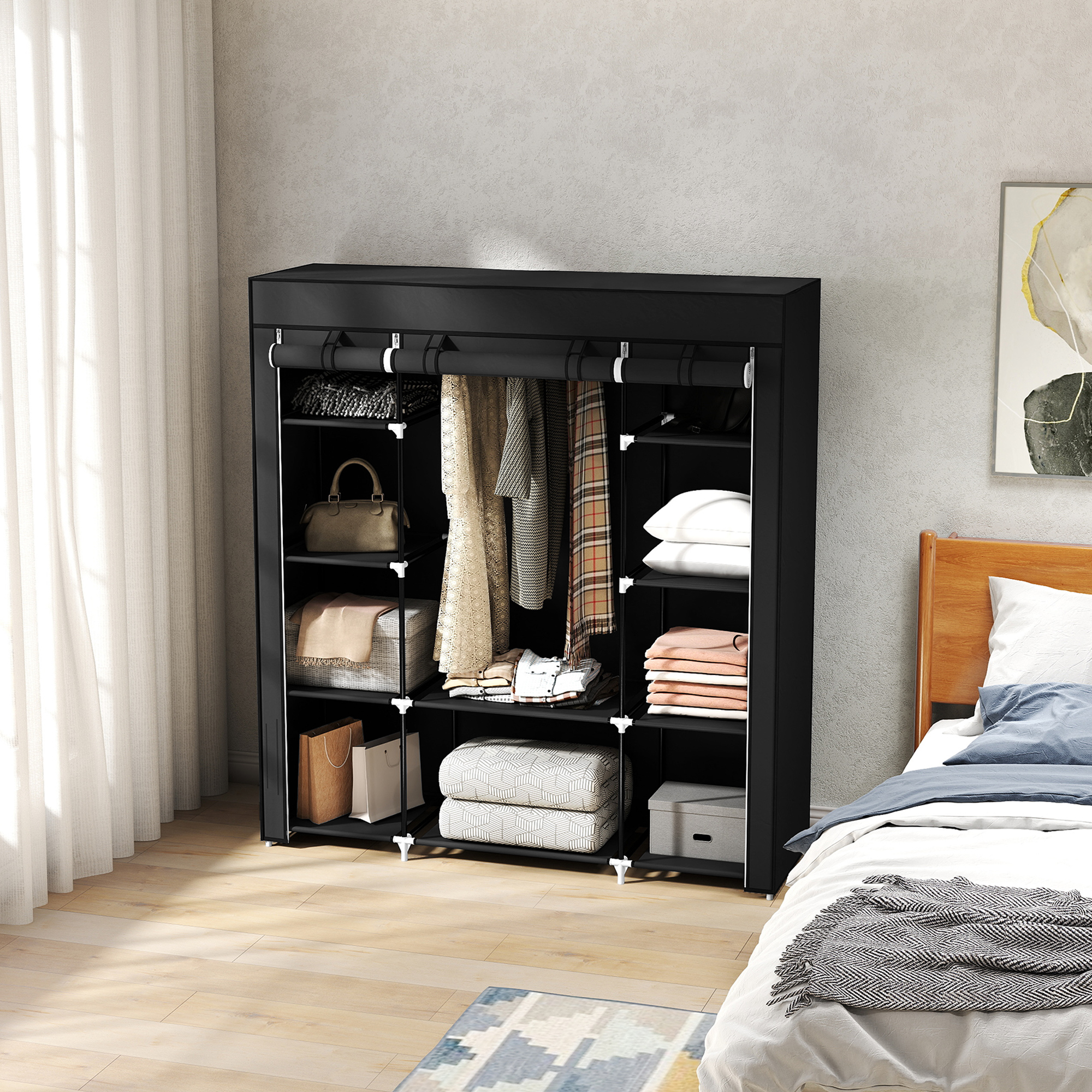 Stoffschrank aus Vlies, Faltschrank, 1 Kleiderstange, 9 Regale, 150 cm x 43 cm x 162,5 cm, Schwarz