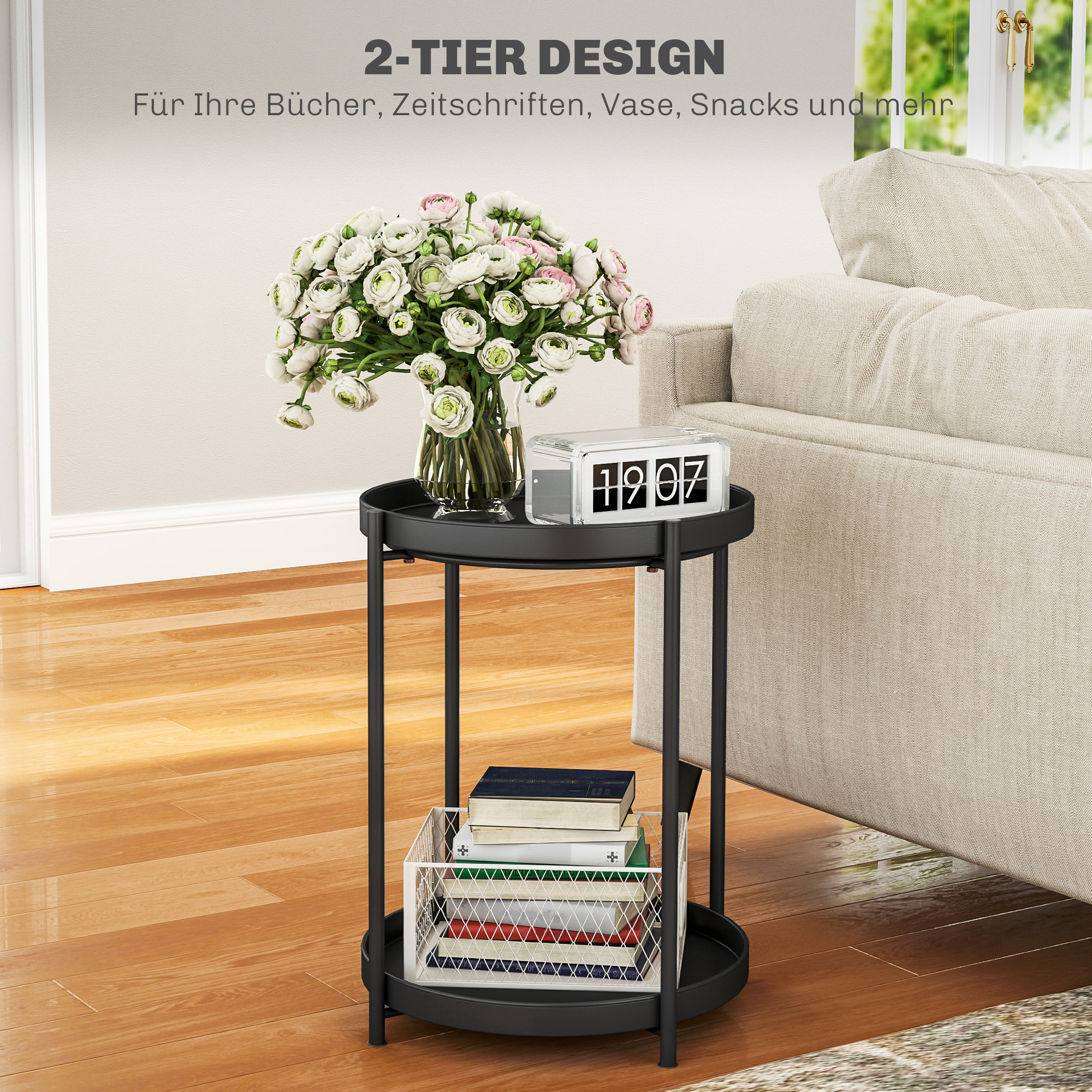 Runder Beistelltisch mit Regalboden, 2-stufiger Kaffeetisch für Wohnzimmer, Schlafzimmer, kleine Räume, Metall, Schwarz