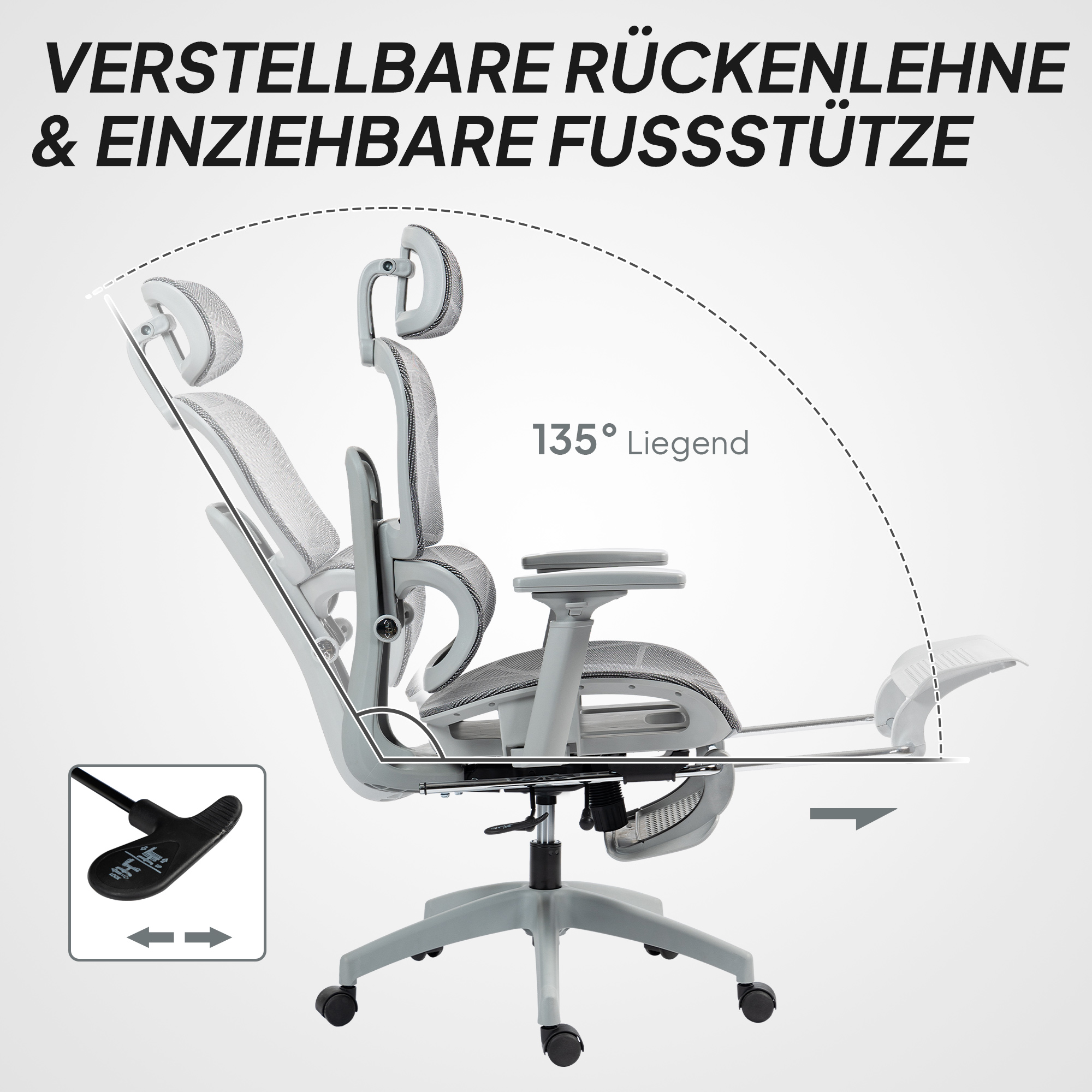 Bürostuhl, Ergonomischer Schreibtischstuhl mit Netzstoffbezug, verstellbar, rollbar, mit Armlehnen, Kopfstütze, Grau