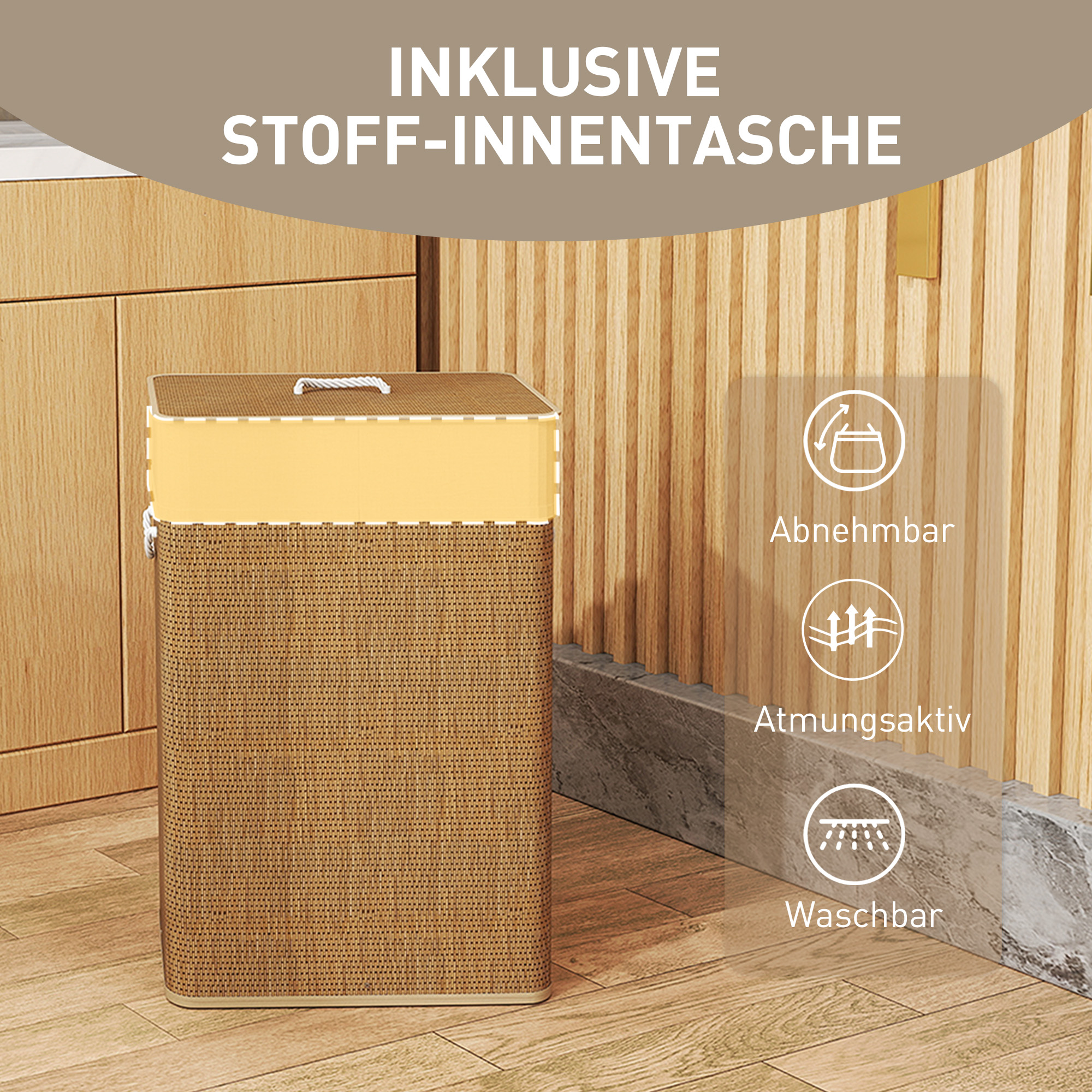 Bambus Wäschekorb mit Deckel 72 L Wäschesammler mit Bambusgriffen, herausnehmbarer Wäschesack Braun