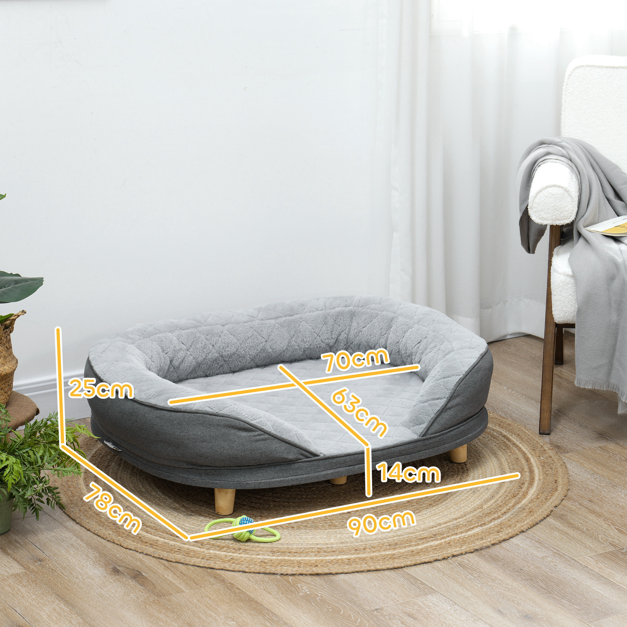 Hundebett für Hunde bis 25 kg, abnehmbarer Bezug, rutschfeste Füße, 90 x 78 x 25 cm, Grau