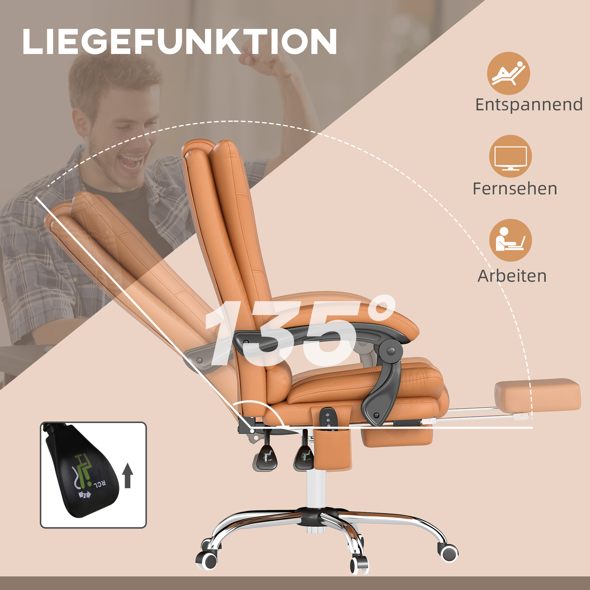 Massage-Bürostuhl, Schreibtischstuhl mit Heizfunktion, Drehstuhl, Liegefunktion, höhenverstellbarer PC-Stuhl, Hellbraun