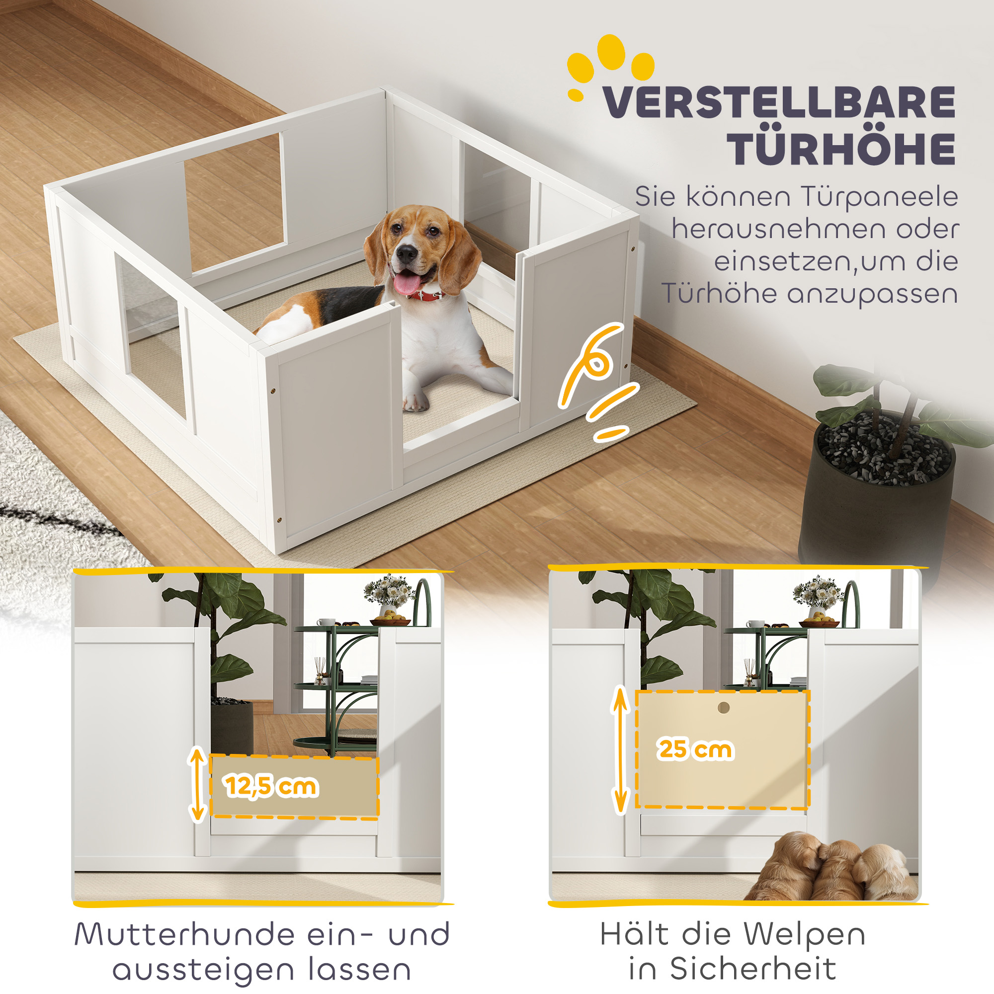 Welpenbox für kleine und mittelgroße Hunde, Hunde-Wurfbox mit anpassbarem Eingang, rutschfesten Fußpads, Weiß