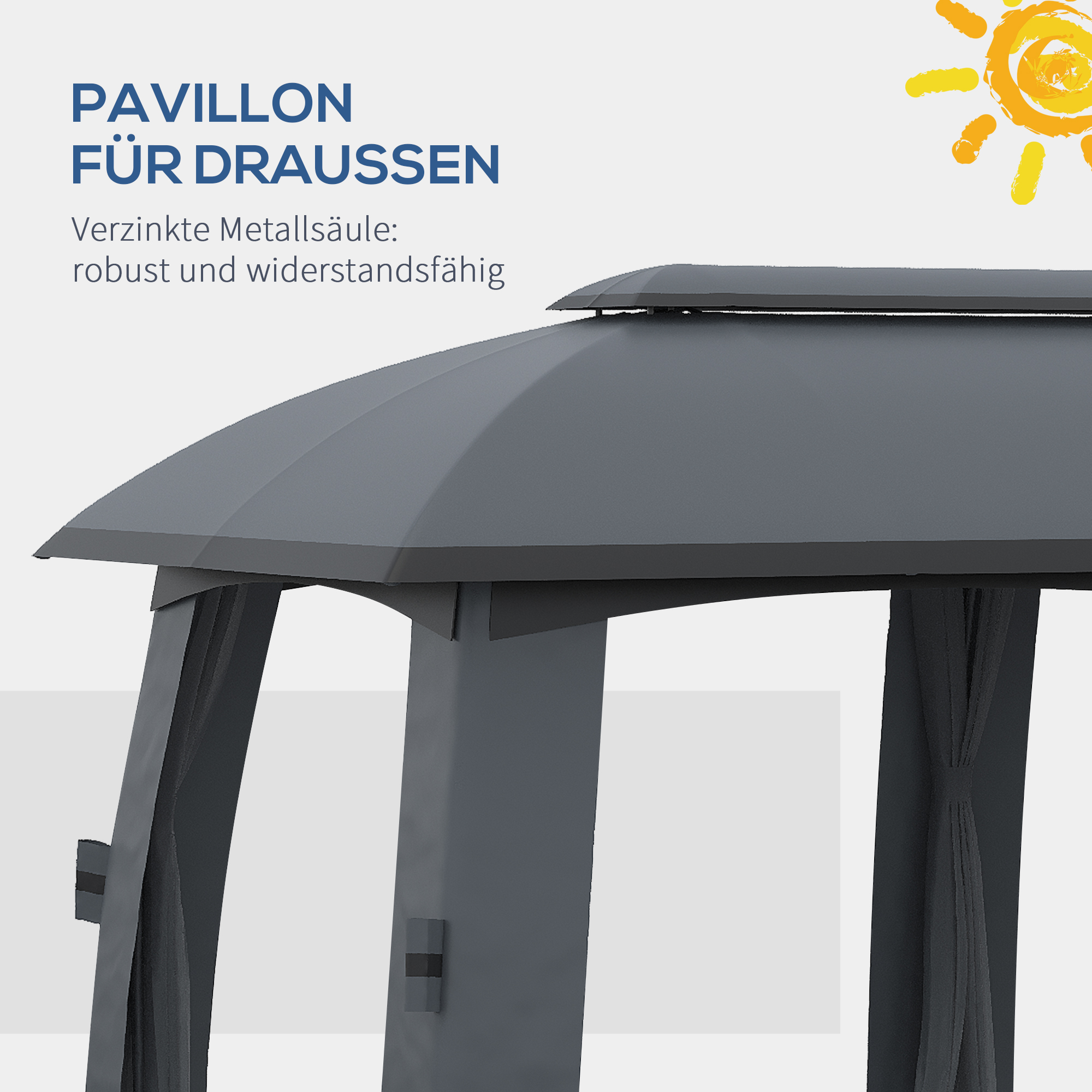 Pavillon, Partyzelt, mit Fliegennetzen, Winddach, bis 15 Personen, dunkelgrau, 3 x 6 x 3 m