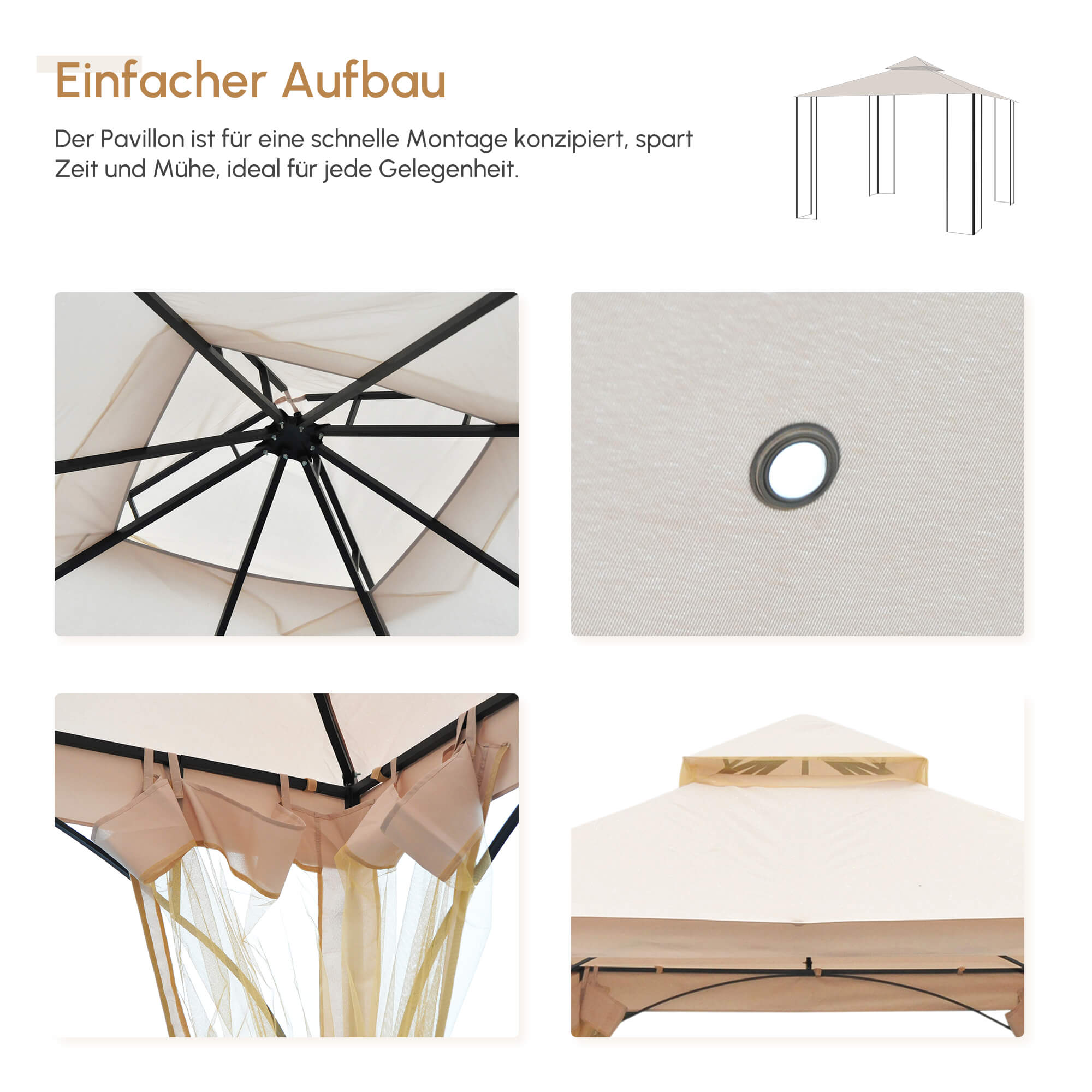 Gartenpavillon Gartenzelt,  inkl. Befestigungsmaterial, wetterbeständig, 295 cm x 295 cm x 275 cm. Beige + Schwarz