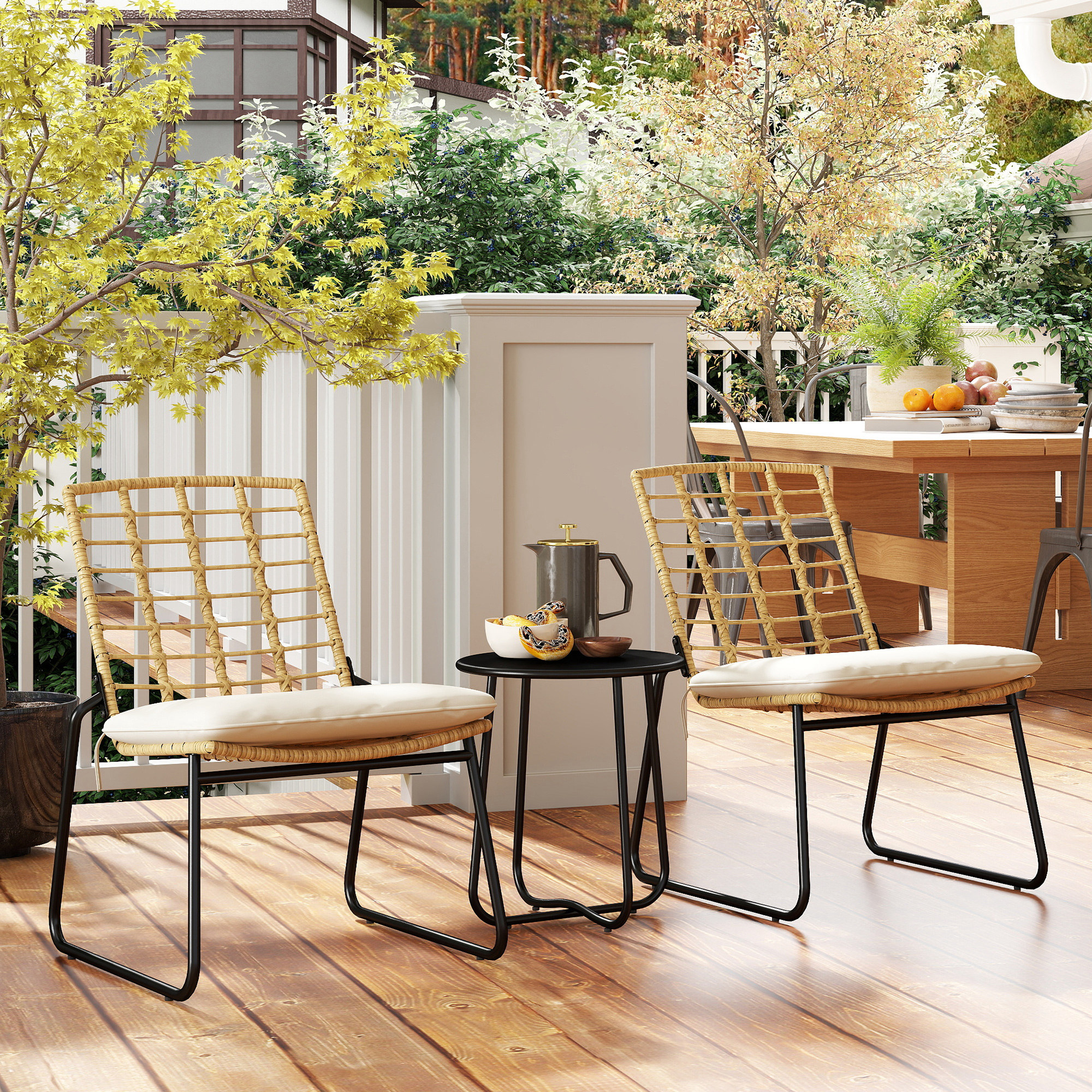 3-teiliges Gartenmöbel-Set, 2 Rattan-Stühle, 1 Tisch mit Metallplatte, Sitzkissen, Bistro-Set, Beige & Braun