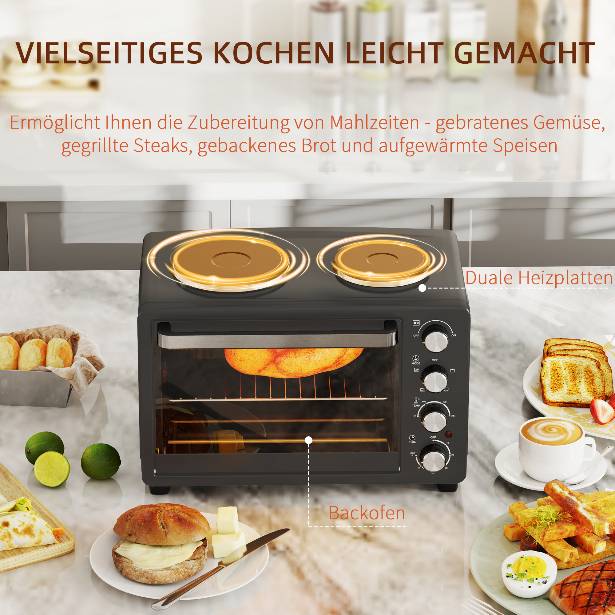 28 L Toasterofen, Kompakter Backofen zum Kochen und Grillen, Elektro-Ofen mit Backblech, Grillrost, 2600W, Schwarz