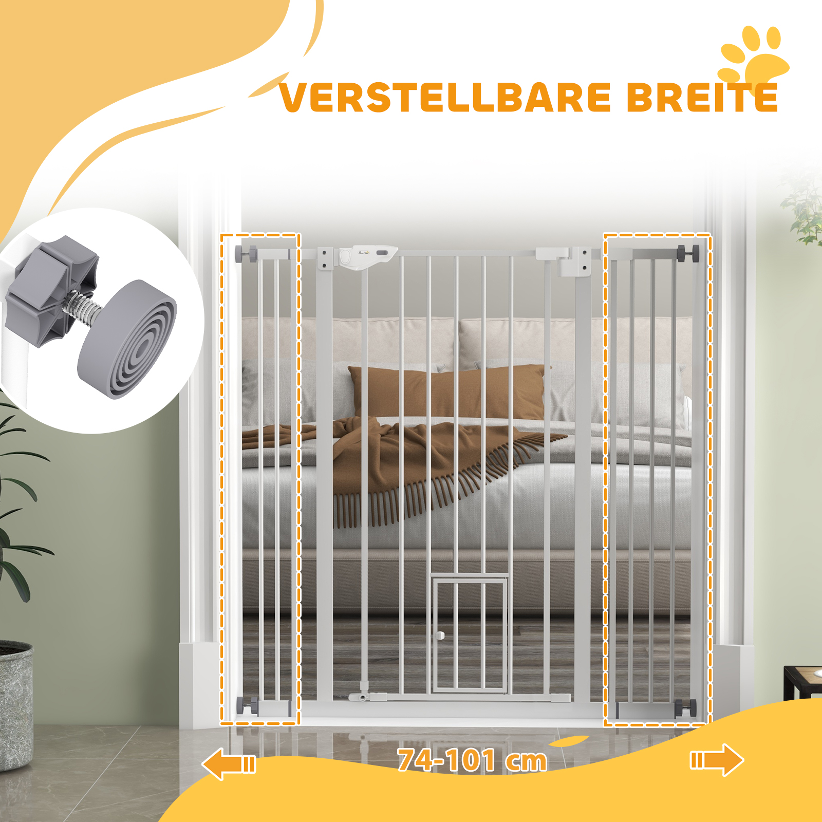 Hunde-Absperrgitter, doppelte Verriegelung, selbstschließende Tür, 104 cm hoch, Stahl, Weiß