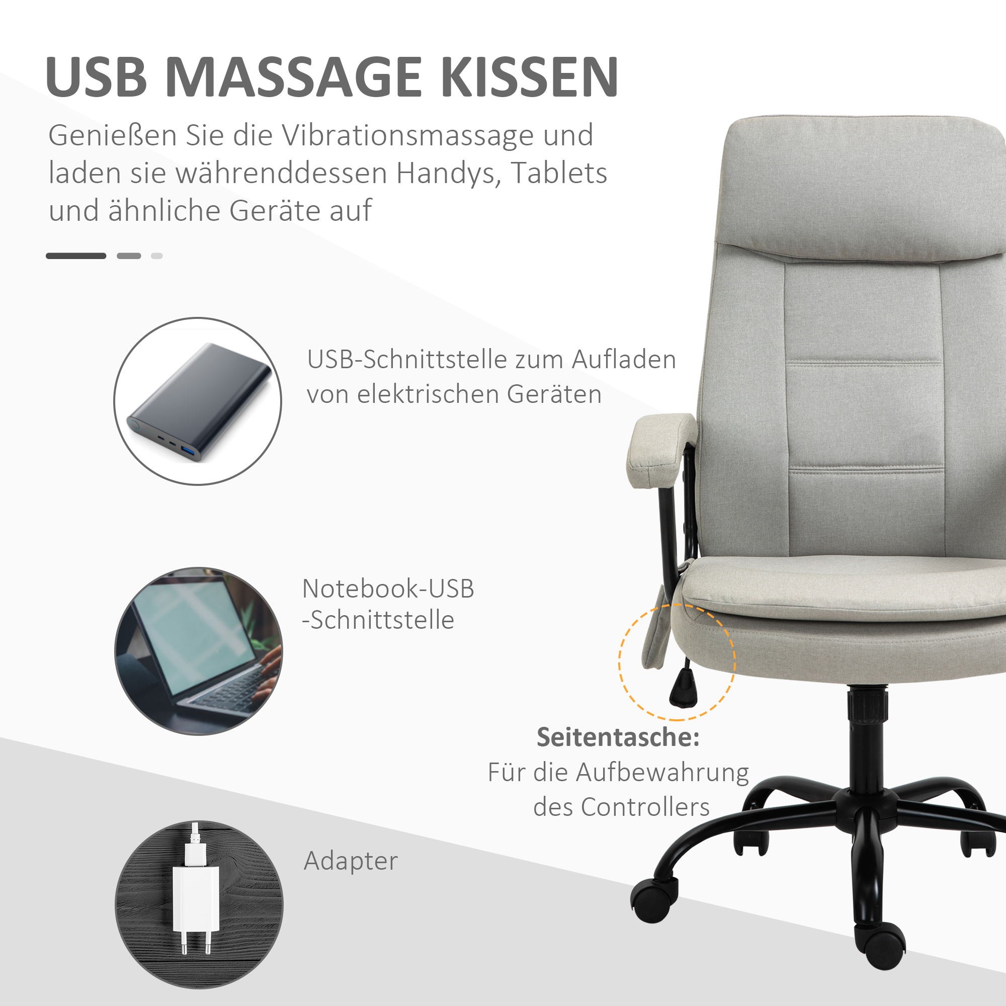 Bürostuhl Massage höhenverstellbarer Chefsessel Gamingstuhl mit Massagefunktion, ergonomischer Drehstuhl Massage Sessel Lendenwirbelsäulenmassage Leinen-Gefühl Beige 63 x 70 x 112-121 cm