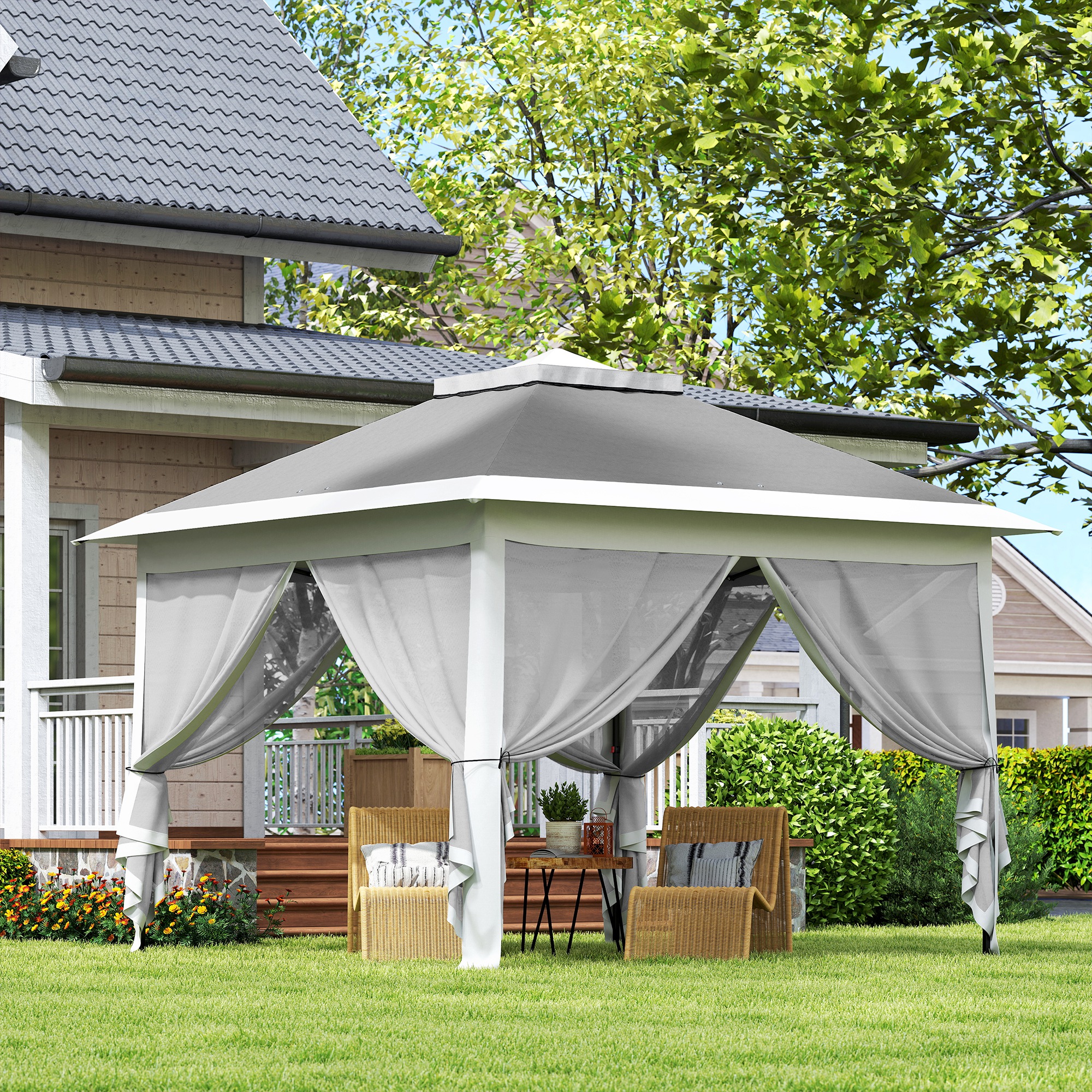 Faltpavillon, Gartenpavillon, Metall und Stoffplane, Netzvorhänge, Entwässerungslöcher, 330L x 330B x 288H cm, Grau