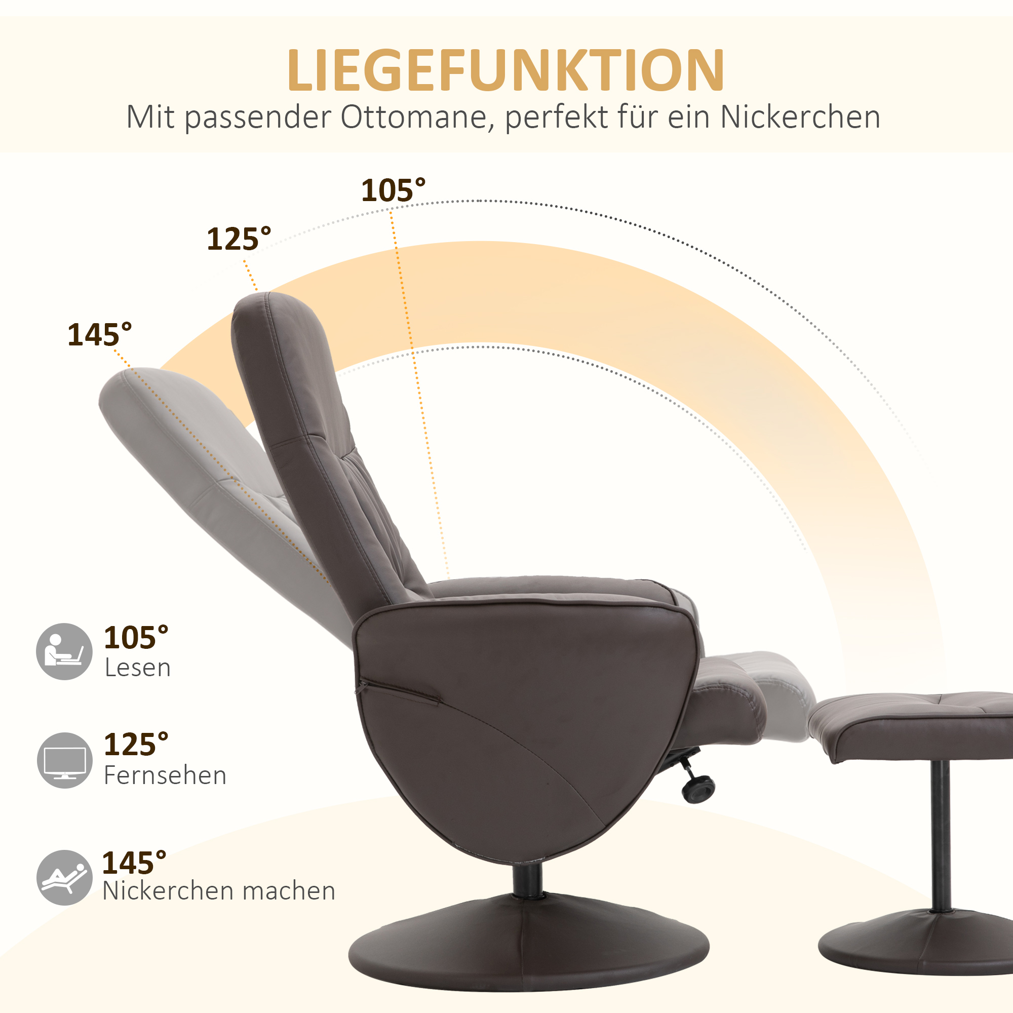 2-teiliges Sessel-Set, Sessel mit Fußhocker, Relaxsessel mit Fußhocker, höhenverstellbar, neigbare Rückenlehne, Braun