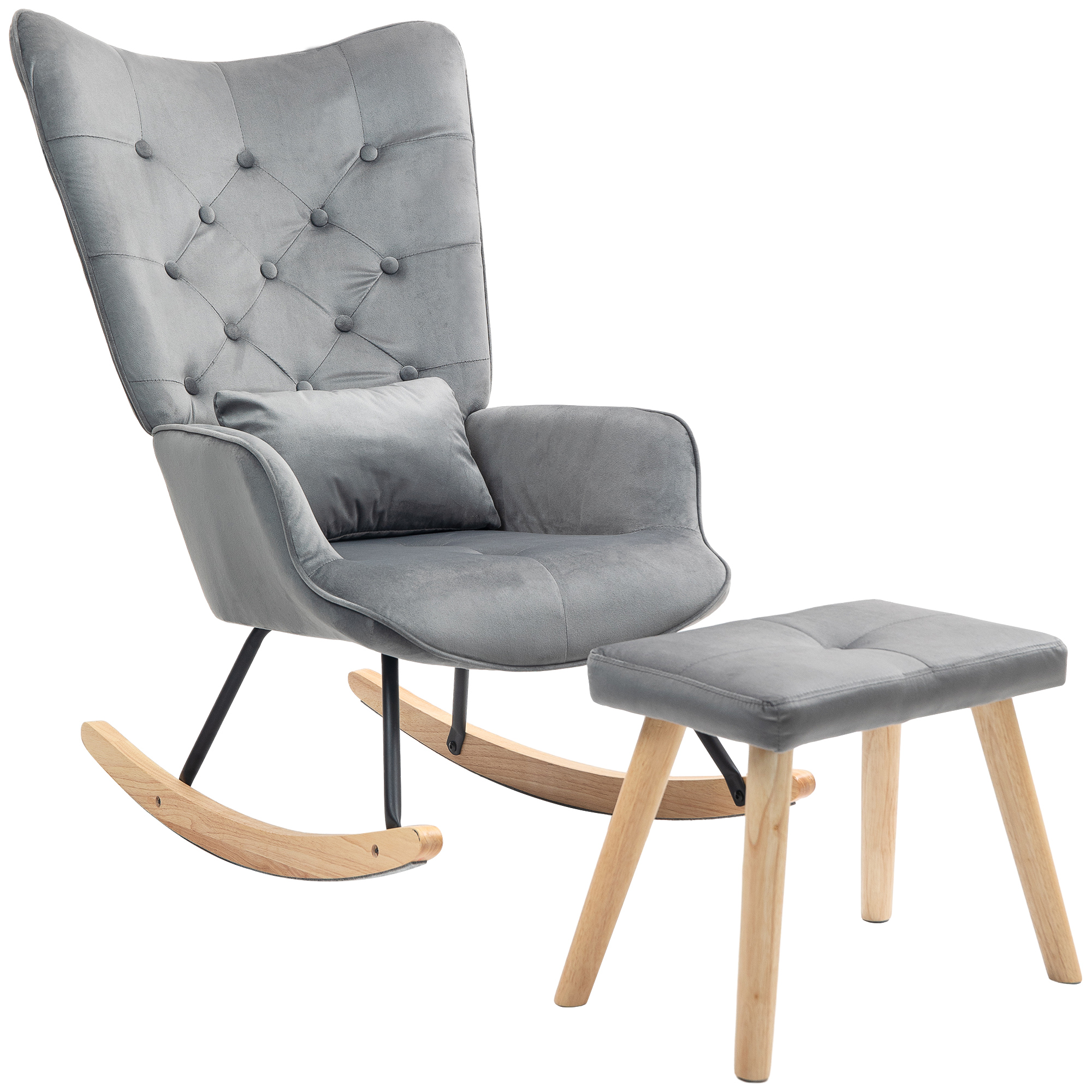 Akzentsessel mit Hocker, gepolstert, hohe Rückenlehne, Samtoptik, bis 150 kg, Dunkelgrau