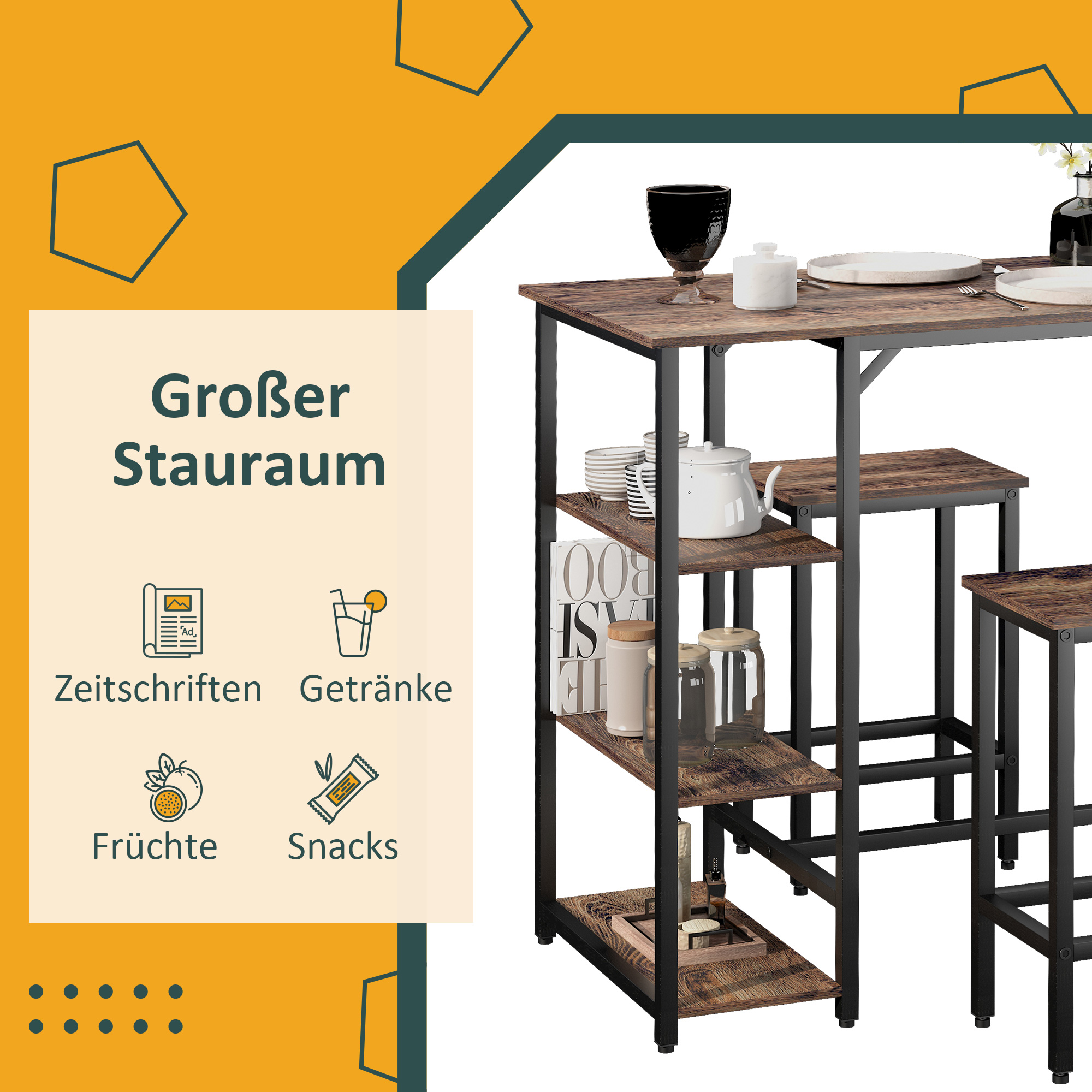 Bartisch-Set Stehtisch mit 2 Barhockern Essgruppe 3-teiliges Tischset Küchentresen mit Regale Spanplatte Stahl Rustikales Braun+Schwarz 109 x 60 x 100 cm