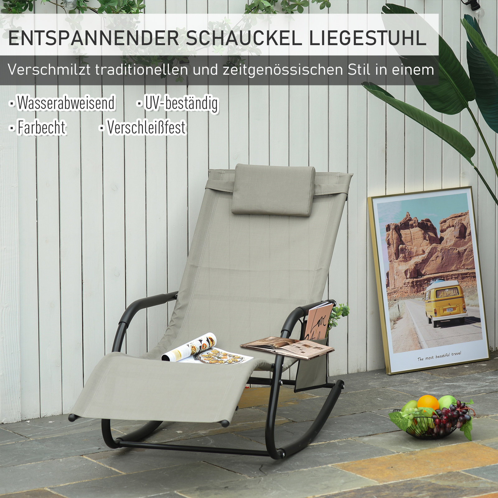 Schaukelstuhl Schwingsessel Gartenstuh Schaukelliege Metall Mesh Schwarz+Hellgrau 150 x 62 x 88 cm