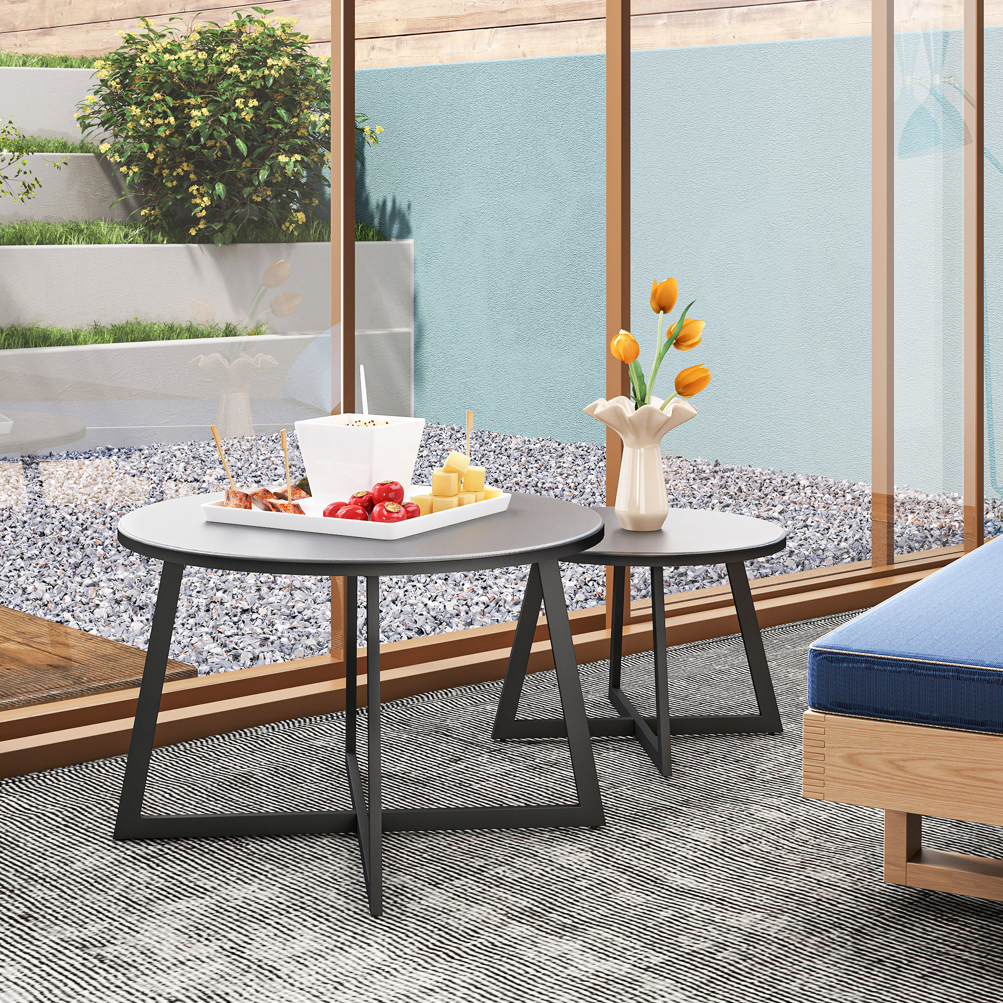 2er Set Beistelltisch Stapelbar Gartentisch Rund wetterfest Balkontisch mit X-Beine Glasplatte Stahl Schwarz+Grau