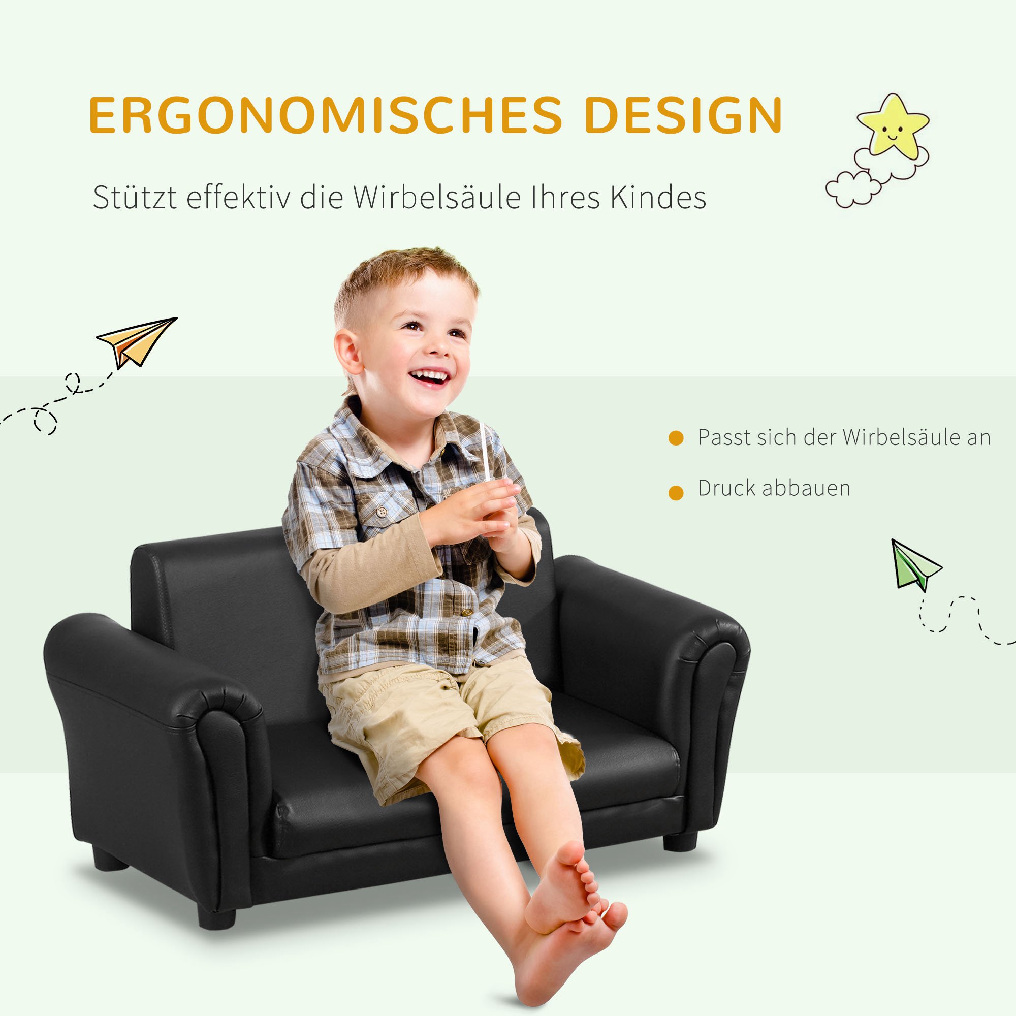 Kindersessel mit Fußhocker, Kindercouch mit Hocker, Kindersofa, Sofa Sessel, Schwarz, 83 x 42 x 41 cm