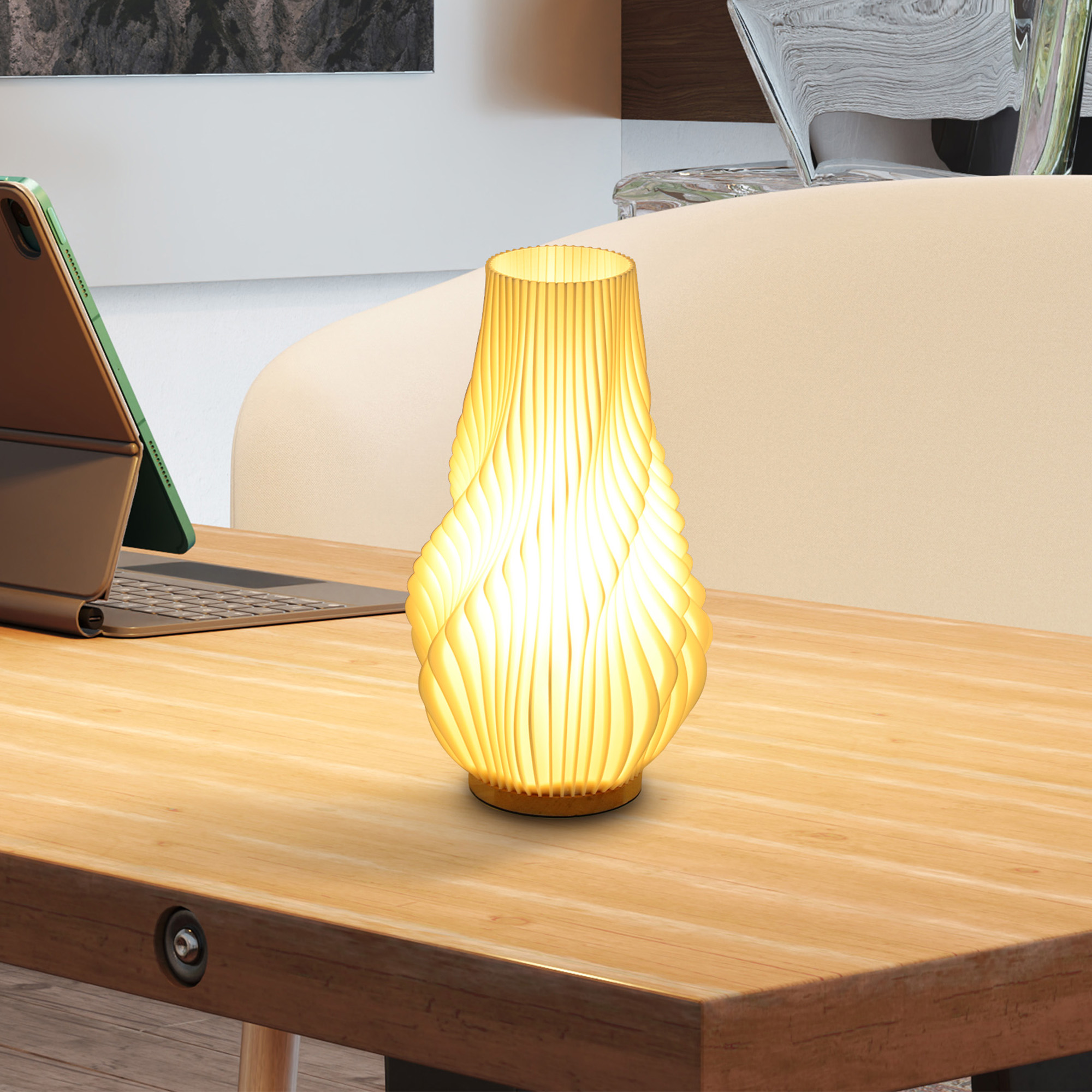 Smart Tischlampe mit App-Steuerung, Alexa-kompatibel, Kunststoff, Holz, Weiß