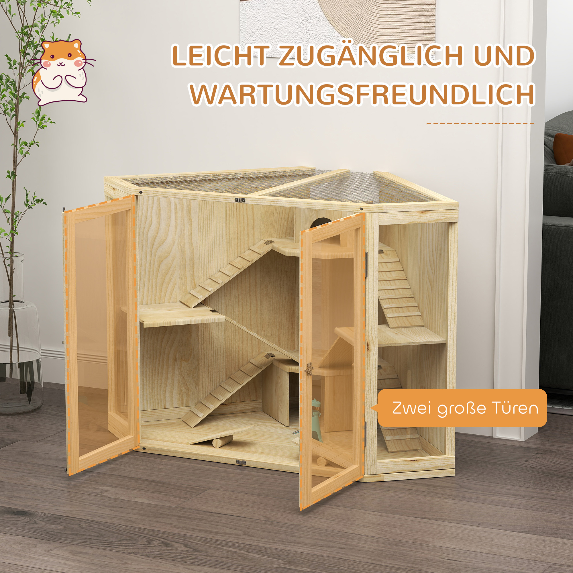 Hamsterkäfig, 4-Ebenen-Design, mit Fütterungsstation, Wippe, Rampe, Hütten, 115 x 69,5 x 79 cm, Holz