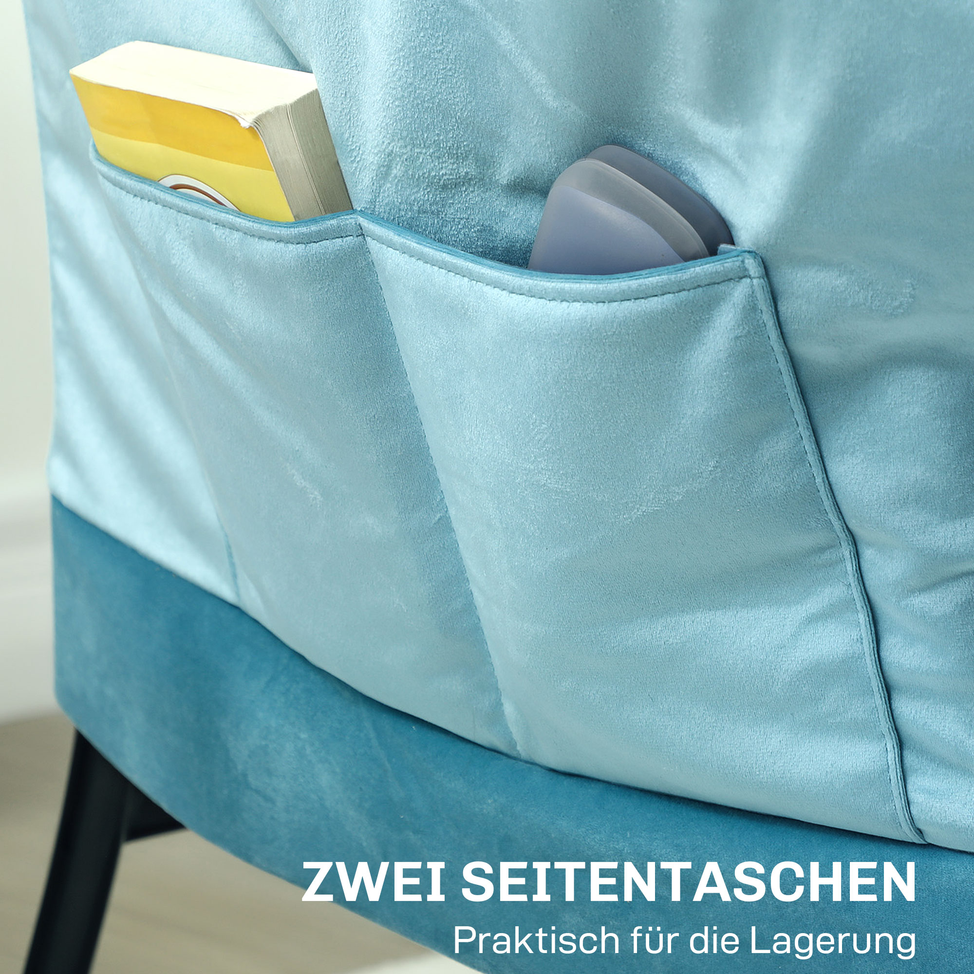 Moderner Akzentstuhl, Polsterstuhl mit Stahlbeinen und Seitentaschen, für Wohnzimmer, Schlafzimmer, Blau