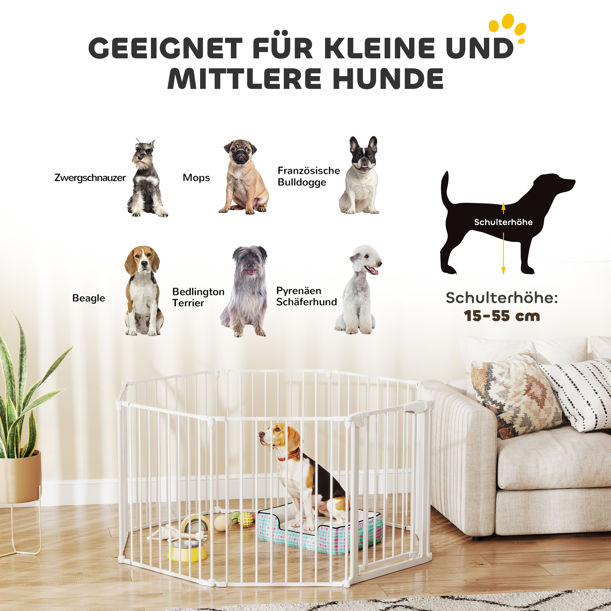 Haustierzaun, 8-Panel-Barriere mit Tür, faltbar, für kleine & mittelgroße Hunde, Kunststoff, Kohlenstoffstahl, Weiß