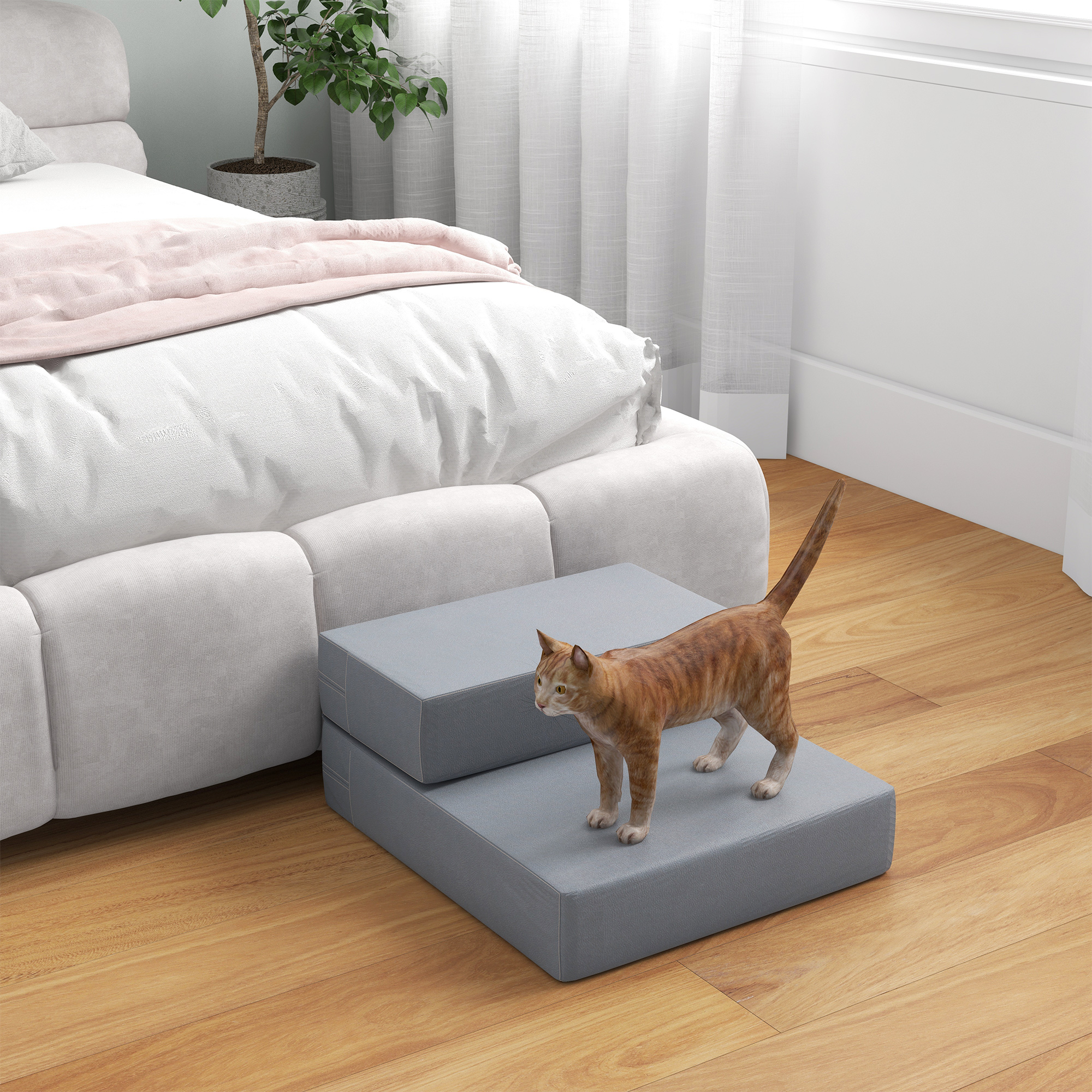 Haustiertreppe Tierunterlage 2 Stufen Klappbar bis 7 kg Hundetreppe Treppe Unterlage für Katzen und Hunde Grau L45 x B39 x H20 cm