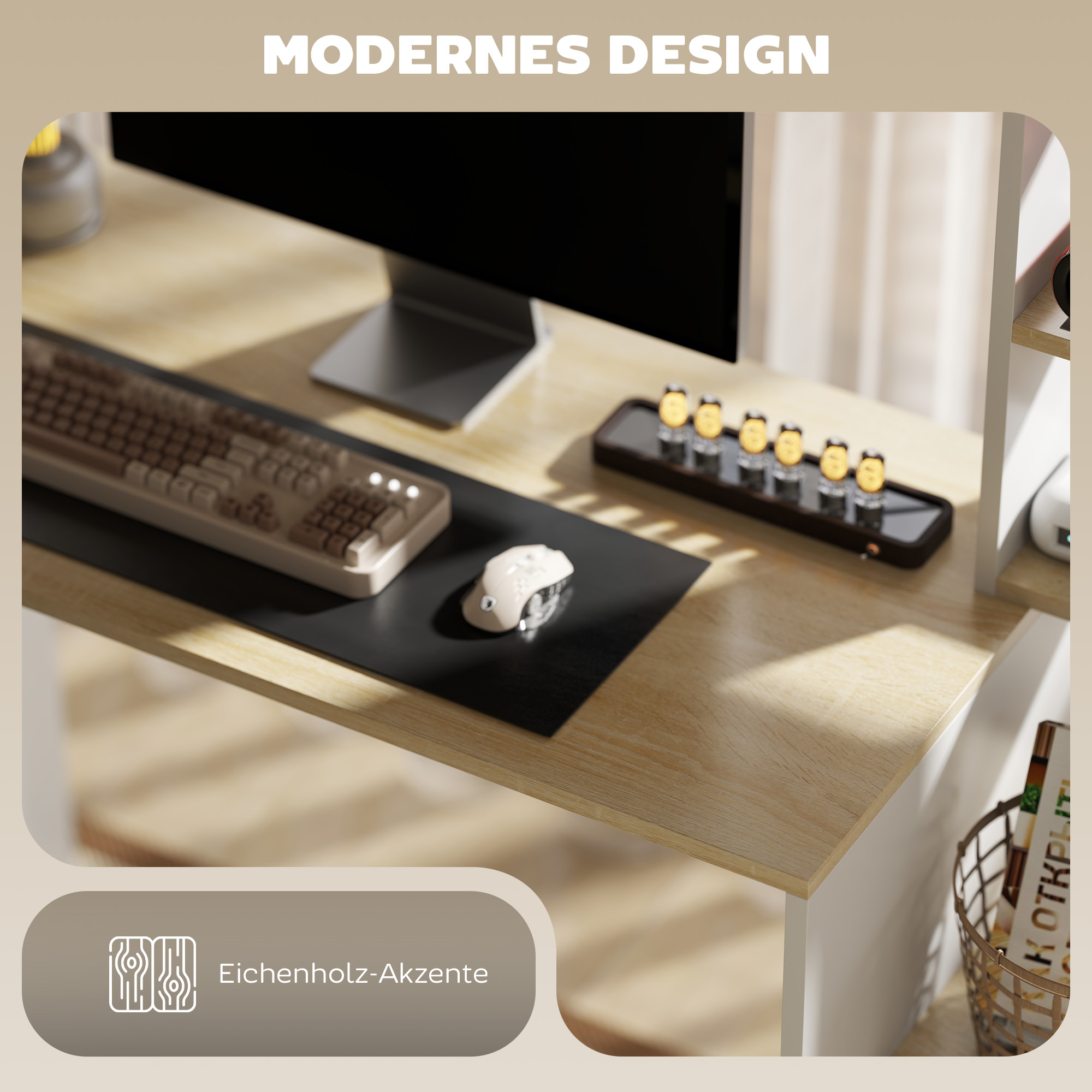 Computertisch, Schreibtisch mit offenen Regalen und Ablagefächern, aus Stahl, Hellbraun+Weiß