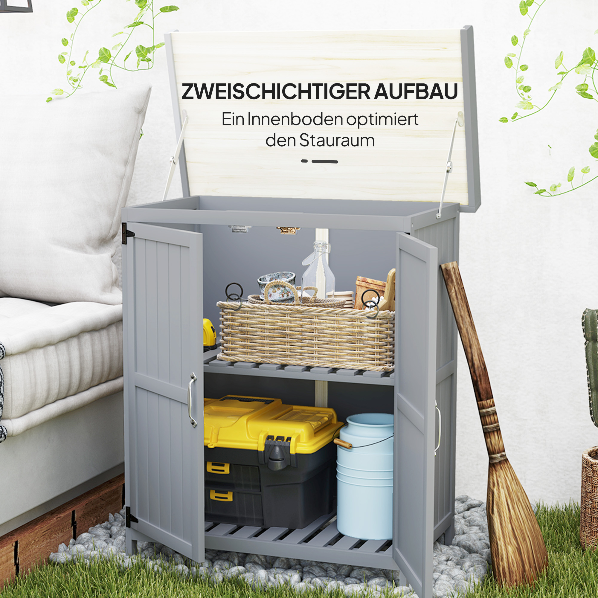 Gartenschrank, Werkzeugschrank für den Außenbereich, mit Arbeitsfläche, Holz und Edelstahl, Doppeltüren, Grau