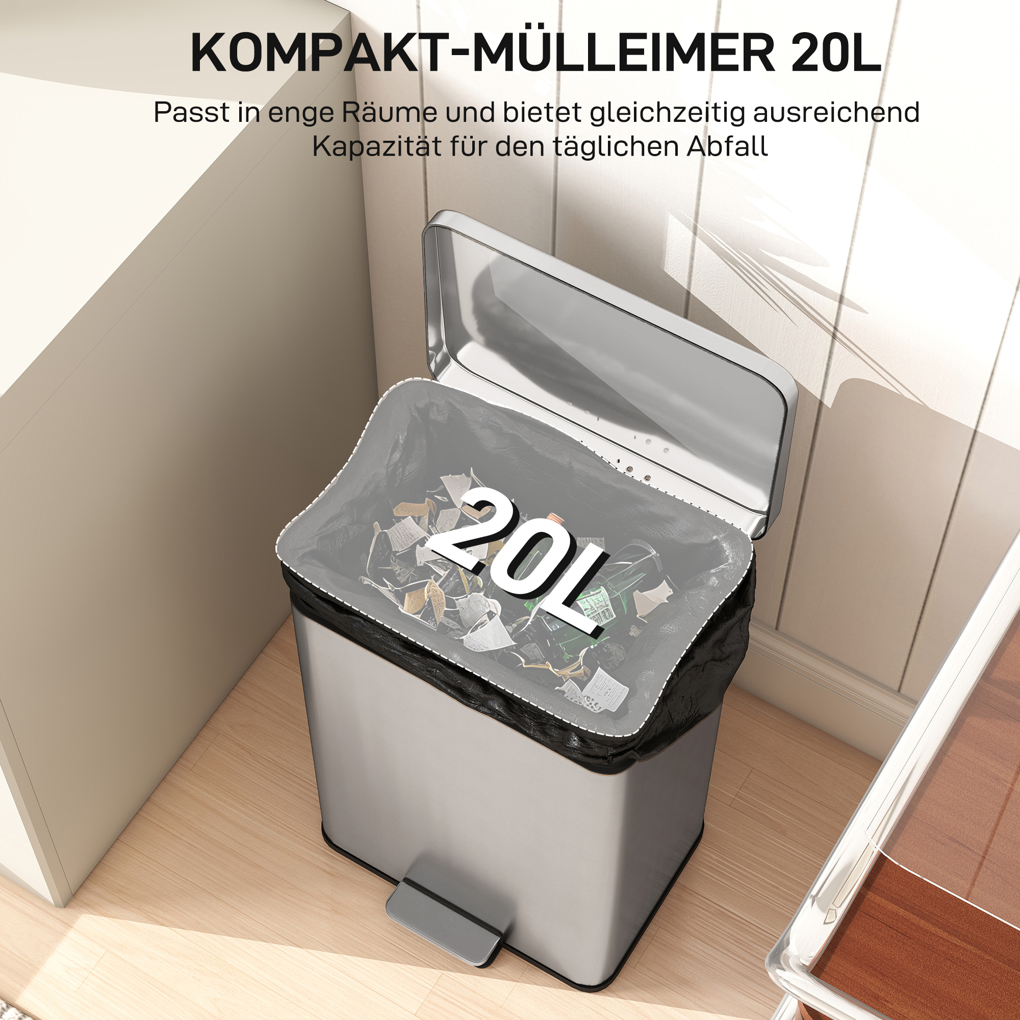 Mülleimer 20L Treteimer mit Softclose-Deckel, Pedal, abnehmbar Inneneimer Silber, 34,2 x 30,6 x 44,2 cm
