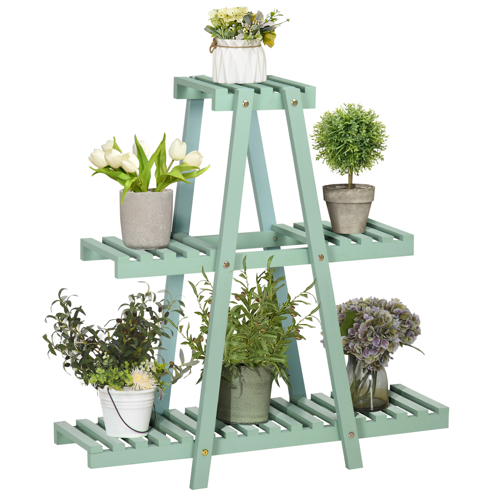 Pflanzenregal mit 3 Ebenen, für 6 Blumentöpfen, wetterbeständig, 76 cm x 26 cm x 76 cm, Hellgrün