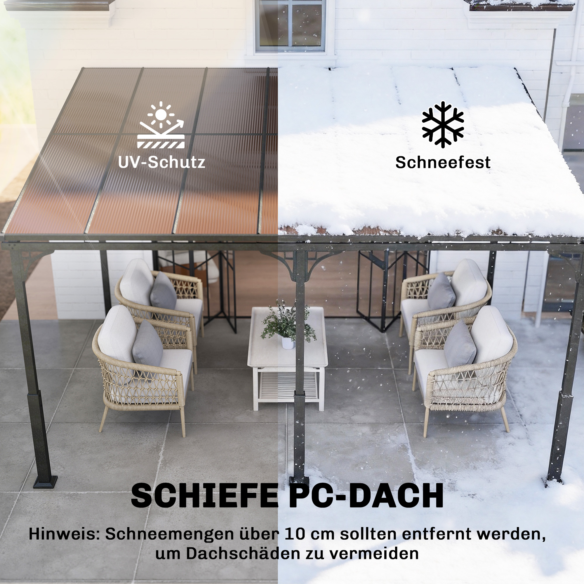 Anbaupavillon 4 x 3m Terrassenüberdachung mit schrägen Polycarbonat-Dach Metall-Aluminium-Rahmen, Wandmontage