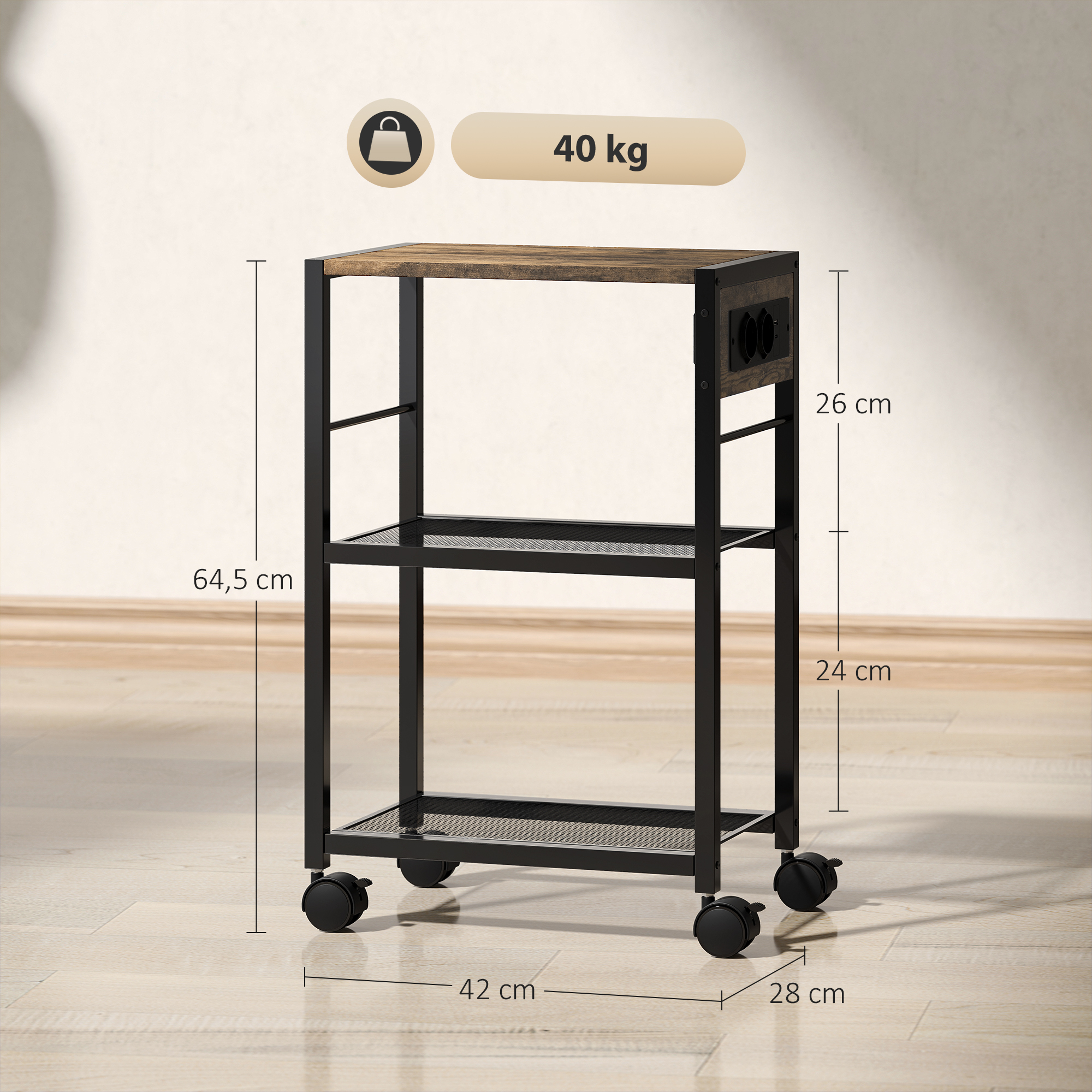 Druckerständer Druckeregal mit Rollen, Steckdosen, USB- und USB-C-Anschlüsse bis 40 kg Rustikalbraun