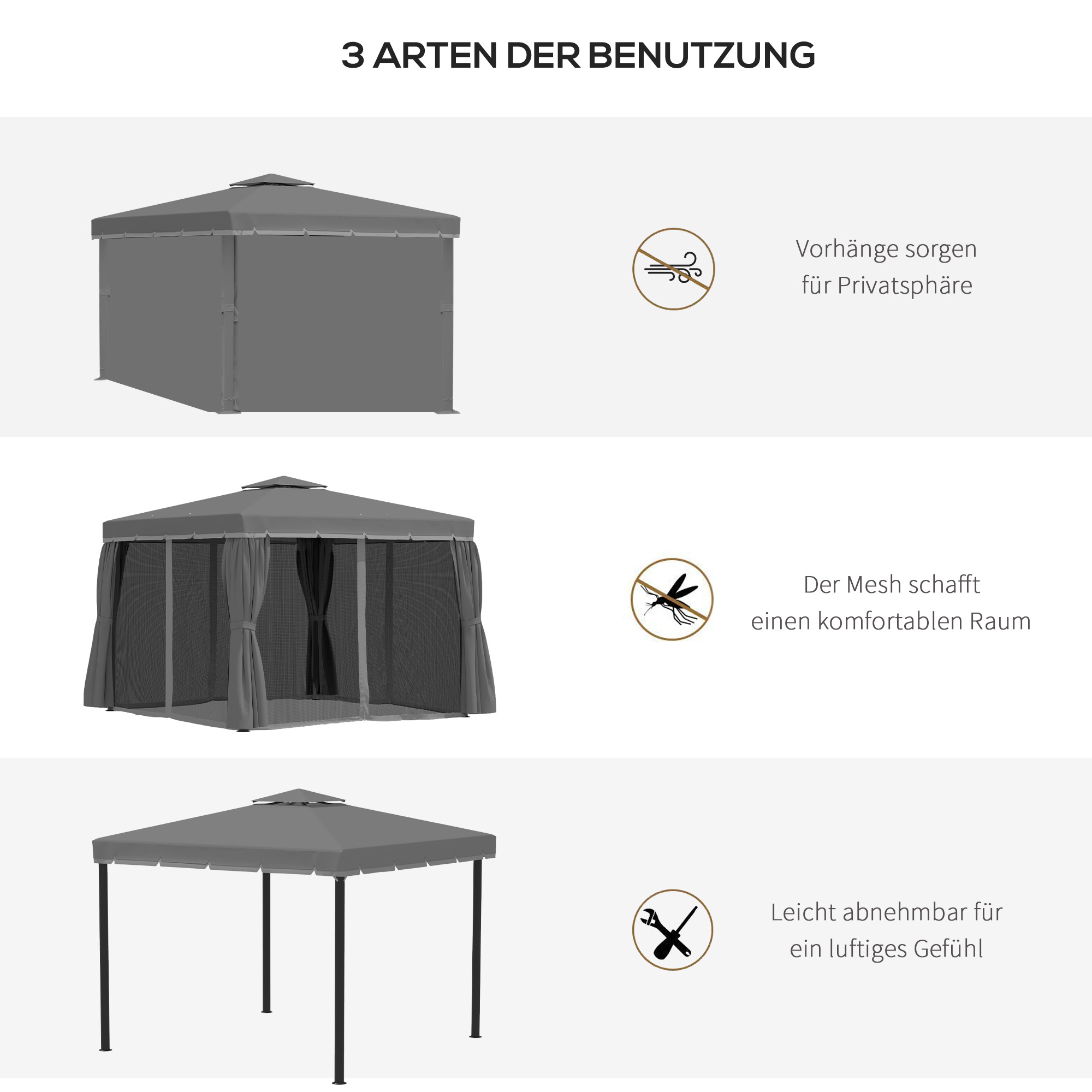 Gartenpavillon Pavillon 2,96 x 2,96 m Gartenzelt mit Doppeldach Festzelt Partyzelt mit 4 x Seitenteile Moskitonetz wetterfest Aluminium Polyester Dunkelgrau
