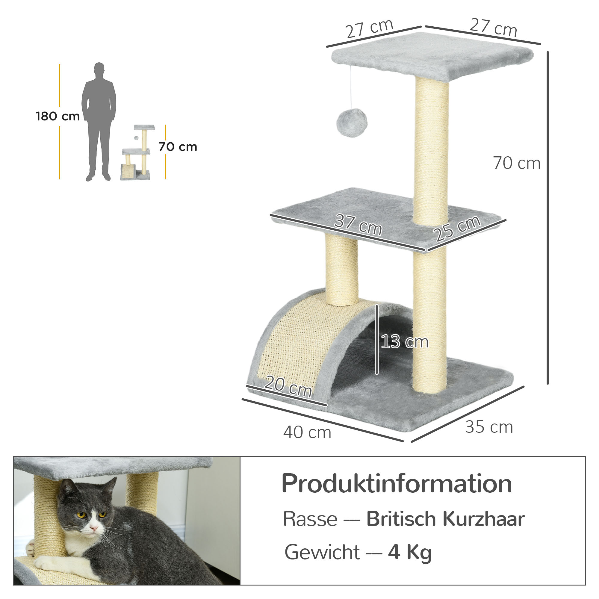 Kratzbaum 72 cm Katzenturm mit Plüschballen, Sisalstämme, Plattform, Kratzbrett Hellgrau