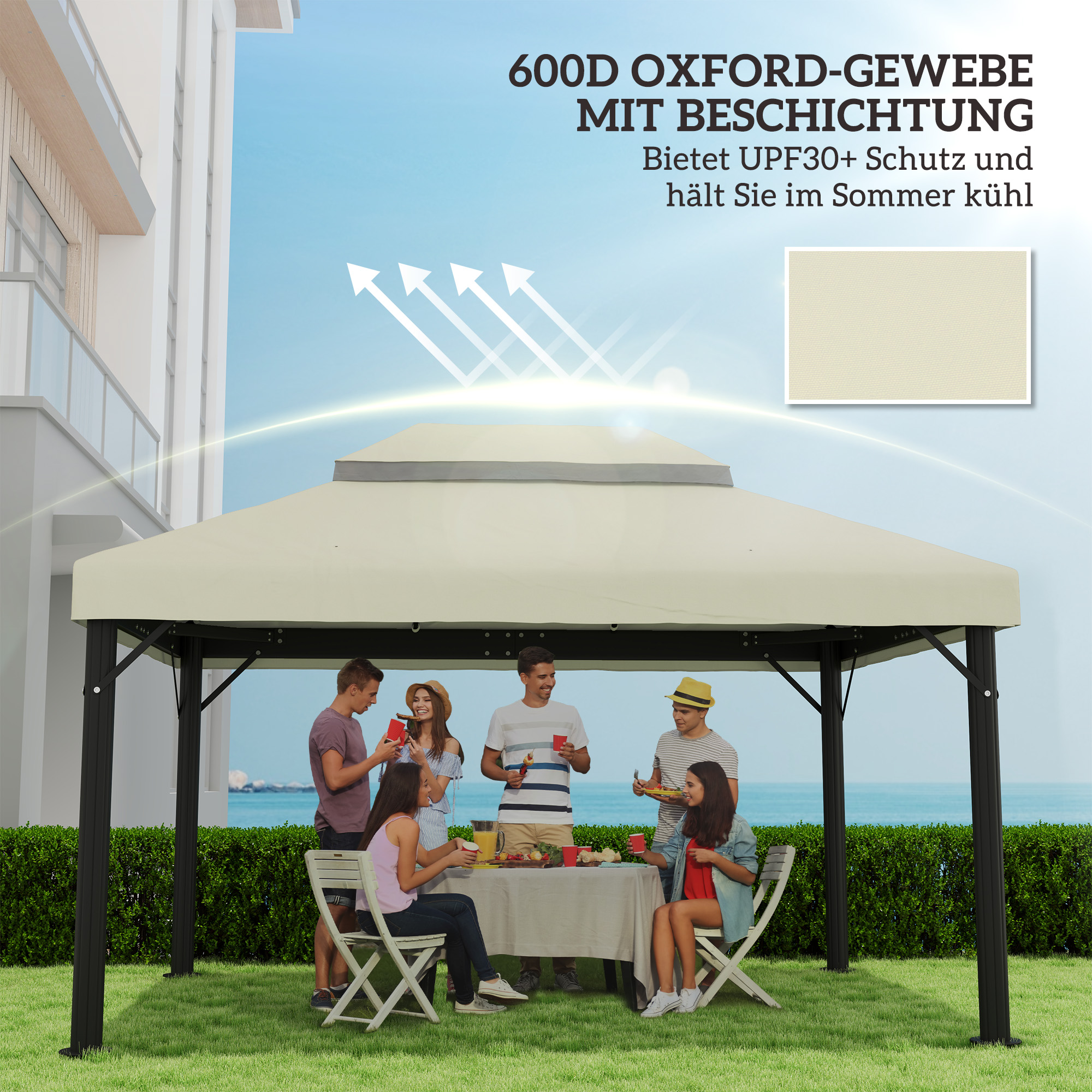 Pavillon-Ersatzdach, 3 x 4 m, Ersatzplane mit Wasserablauf-Öffnungen, Polyester, Sonnenschutz, UPF30+, Cremeweiß