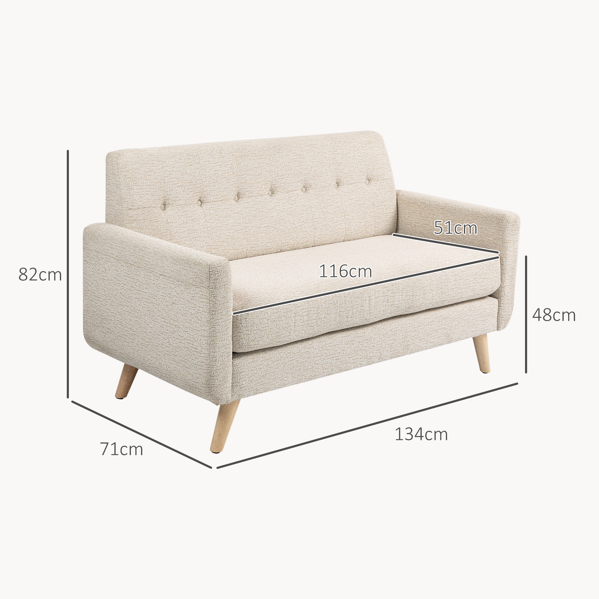 Zweisitzer-Sofa, komfortabel, 134x71x82 cm, Beige