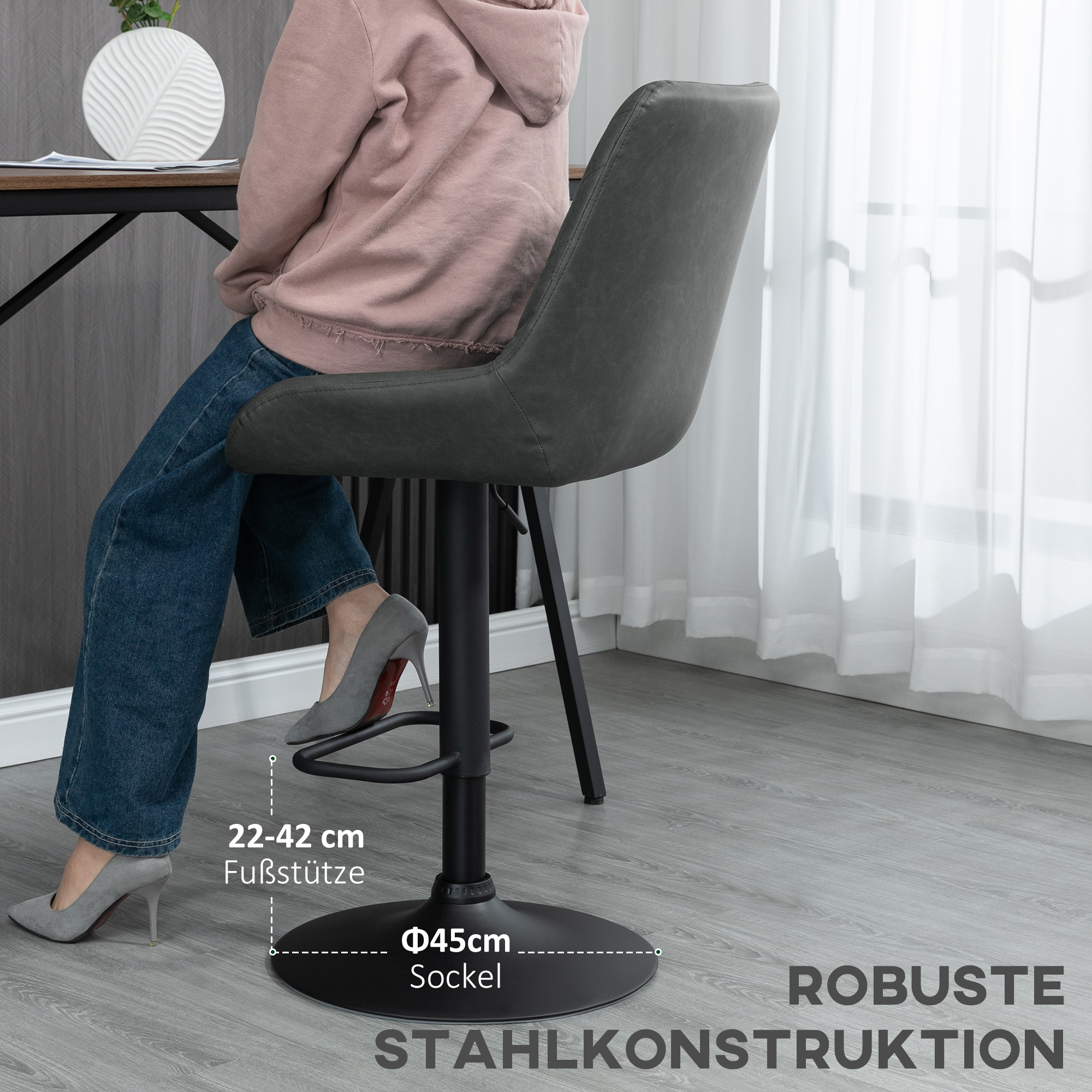 Barhocker Küchenhocker Designhocker, höhenverstellbar, mit Fußstütze, 51 cm x 59 cm x 117 cm, Dunkelgrau + Schwarz