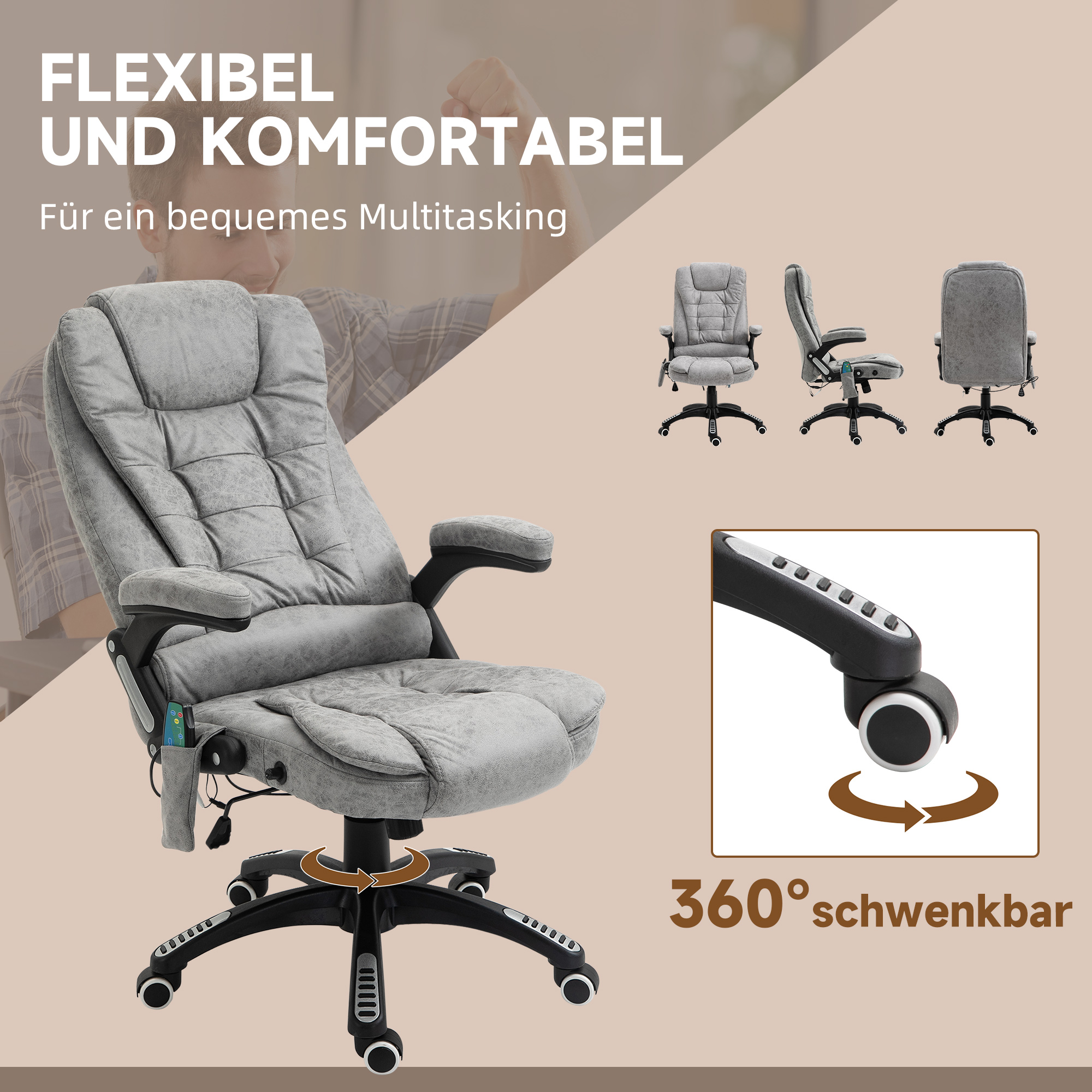 Chefsessel mit Massage- & Wärmefunktion, ergonomisch, verstellbar, bis 120kg, Grau