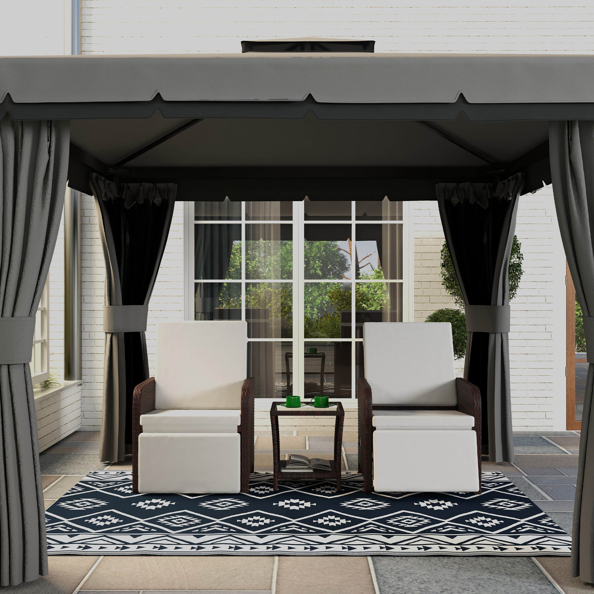 Outdoorteppich Terrassenteppich, wetterbeständig, modernes Design, 182 cm x 274 cm x 0,3 cm, Schwarz + Weiß