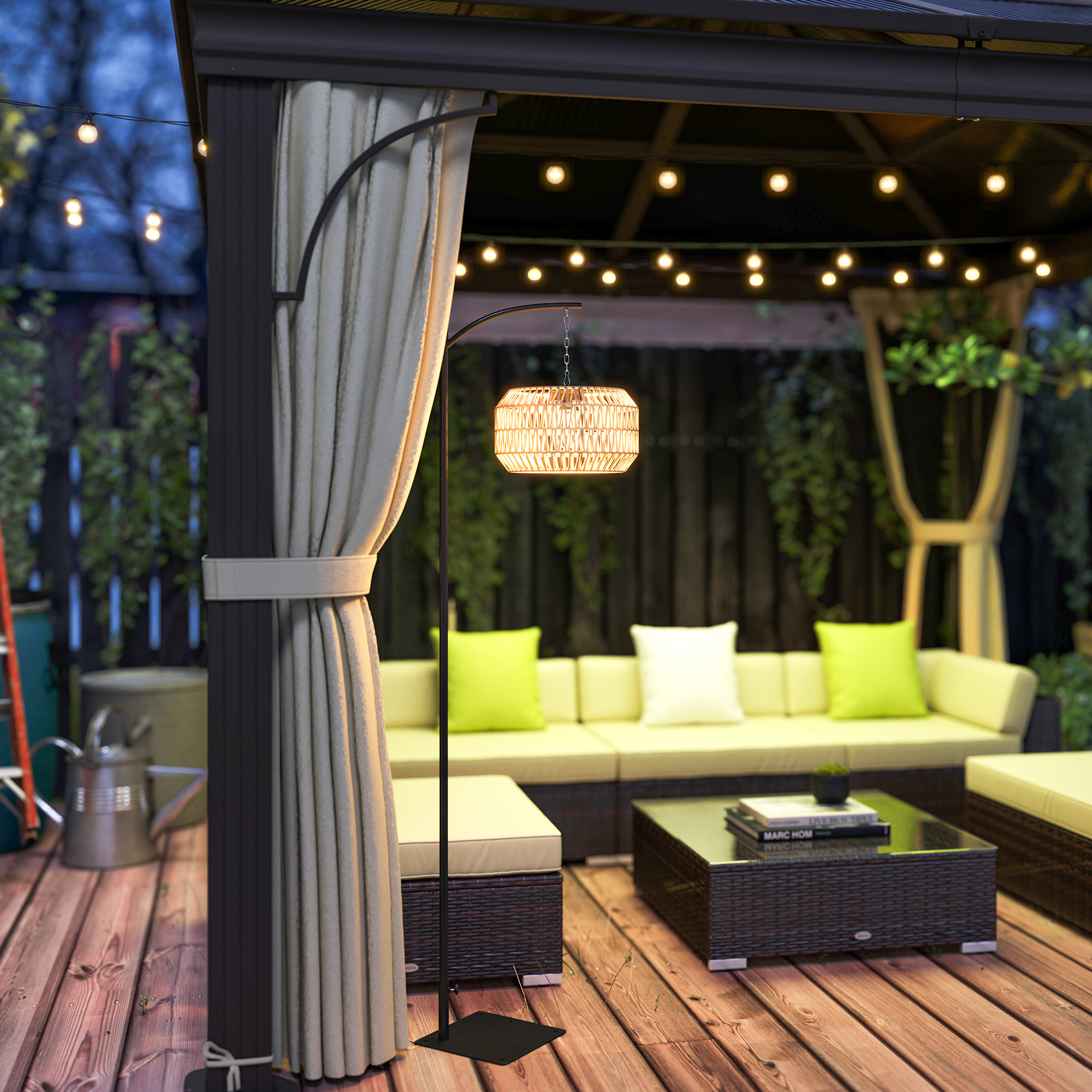 Solar Stehlampe Rattan Solarlampen mit Lichtsensor Automatische Solarleuchte im Boho-Stil IP44 Schwarz+Gelb