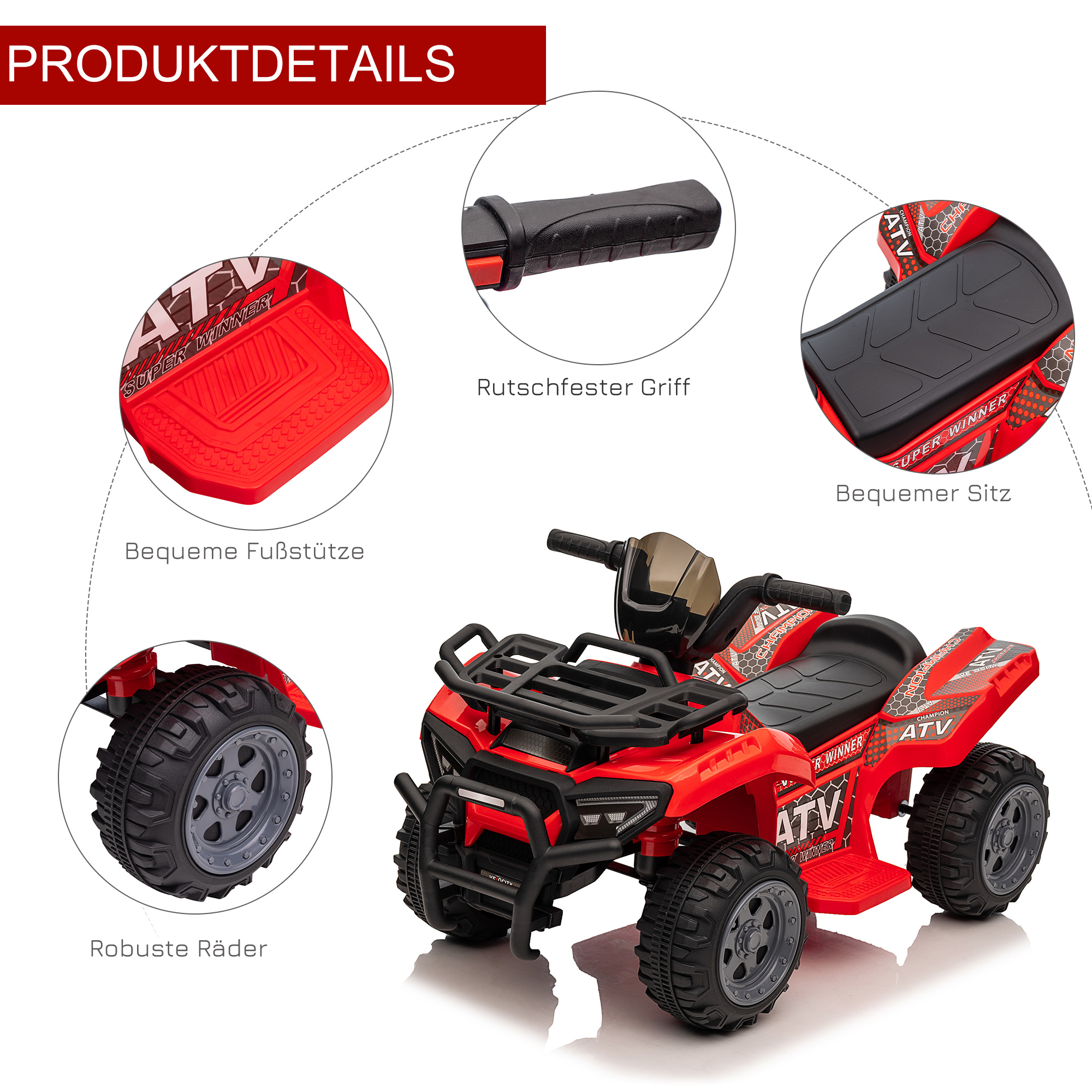 Kinder Quad Elektro 6V Kinderquad mit Vorwärtsfunktion, Musik, Elektro-Quad für Kinder 1,5-3 Jahre Rot