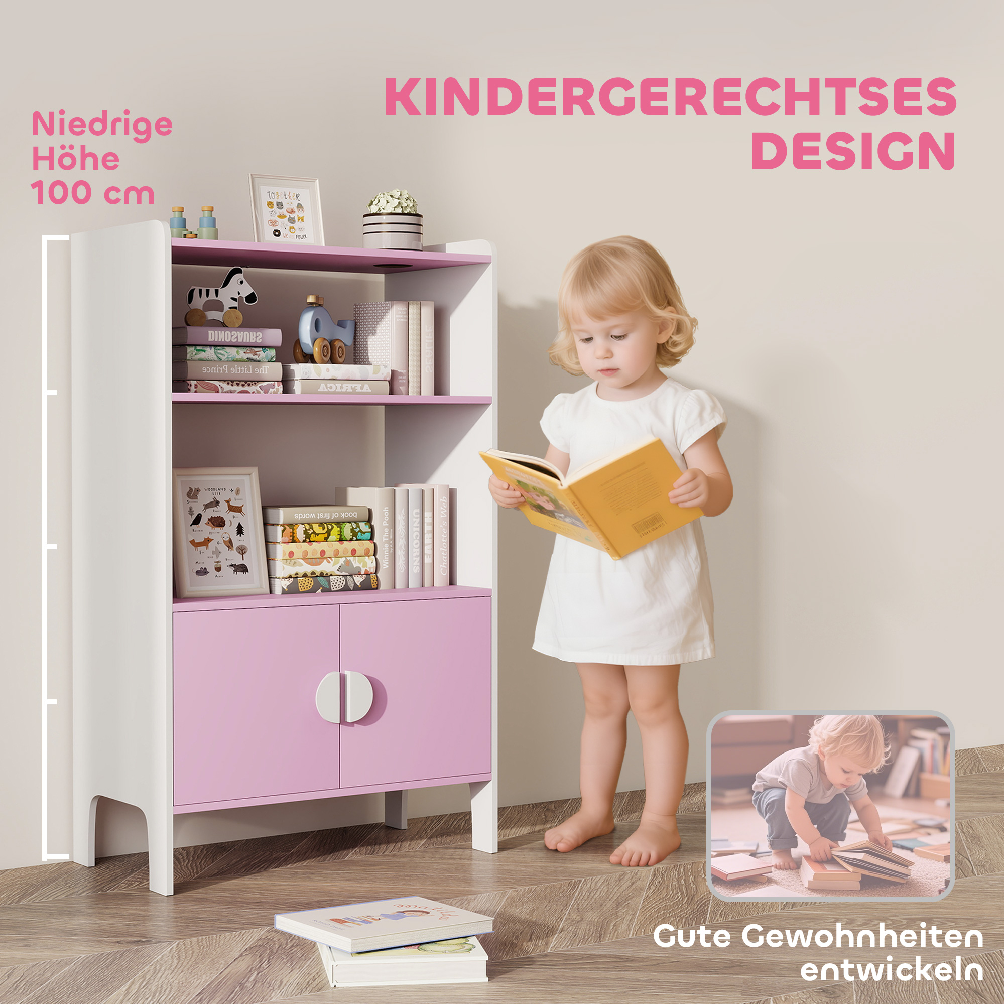 Bücherregal für Kinder, 2 Regale, 2 Schränke, freistehend, Anti-Kipp-Design, rutschfeste Füße, MDF, Rosa+Weiß