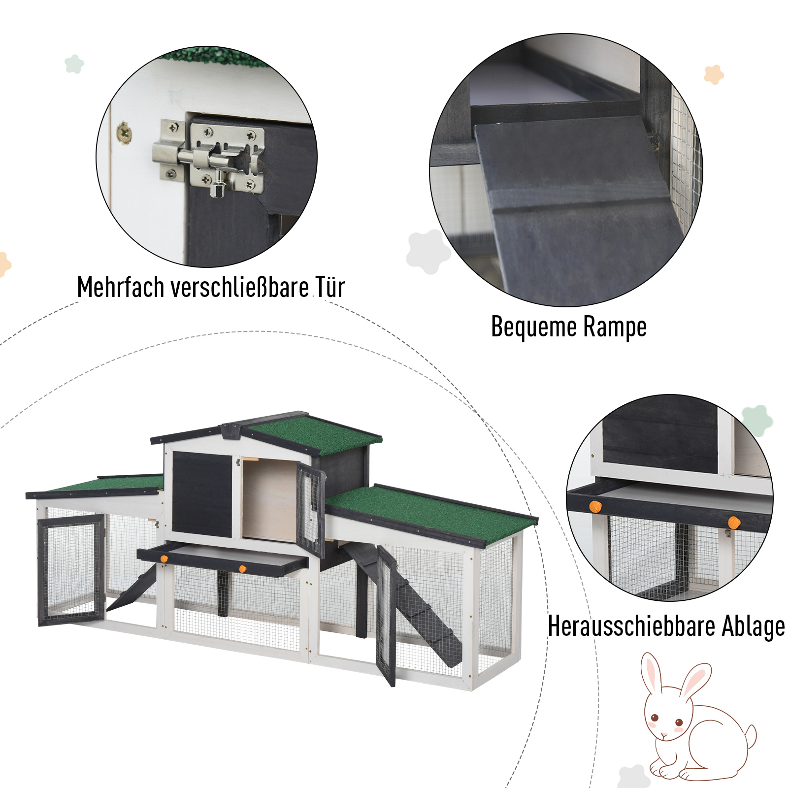 Kleintierstall mit 2 Freigehegen wetterbeständig Tannenholz Weiß + Grün
