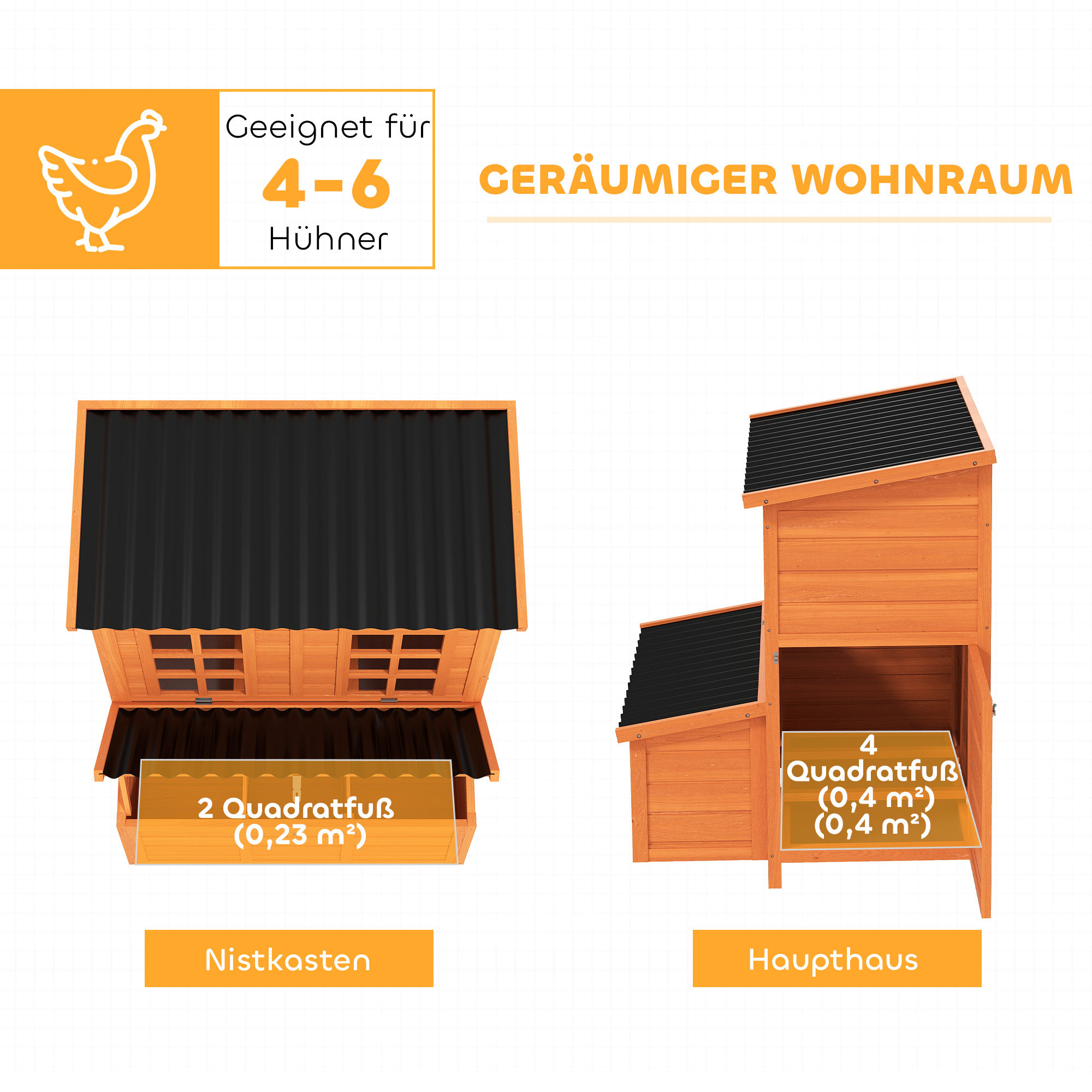 Hühnerstall mit Nestkasten für 4-6 Hühner, Wasserfestes Dach, Tannenholz, Kunststoff, 100 x 86 x 100 cm, Orange