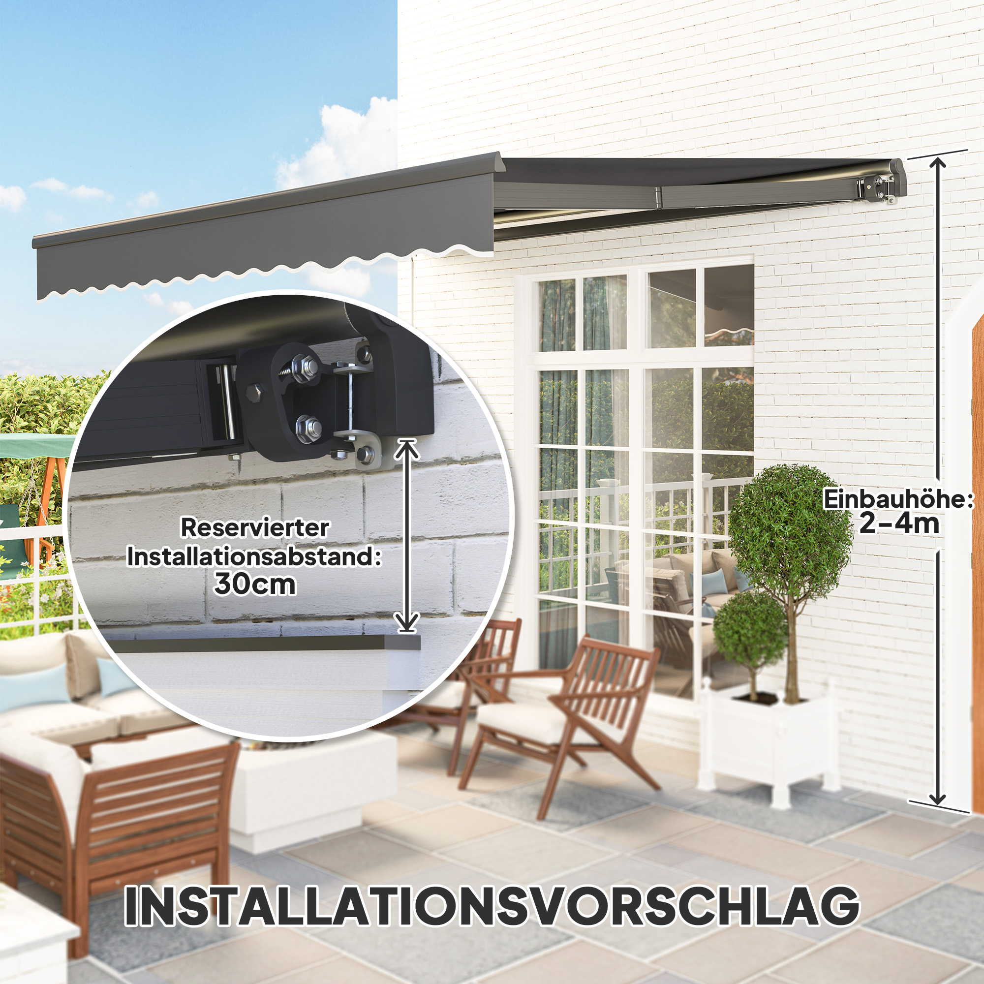 Klemmmarkise mit Handkurbel Solar-Lichte Gelenkarmmarkise Markise Sonnenschutz UV 50+ 400 cm breit Grau