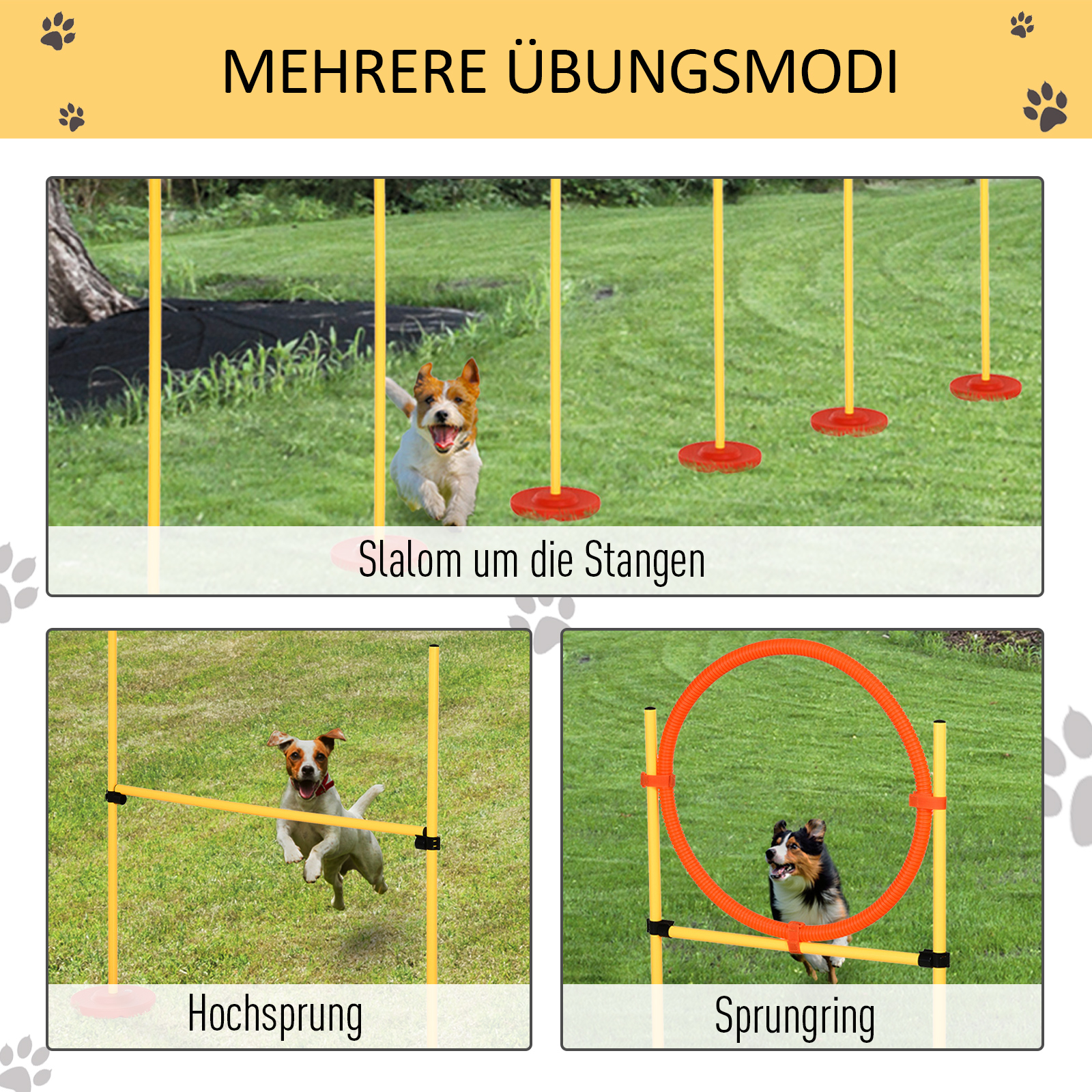 Agility Set Hunde 3-teiliges Agility-Ausrüstung für Hundetraining Steckhürdenset mit 6 Slalomstangen höhenverstellbar Hürden Sprungreifen Tragetasche Agilityset für Spiele Training
