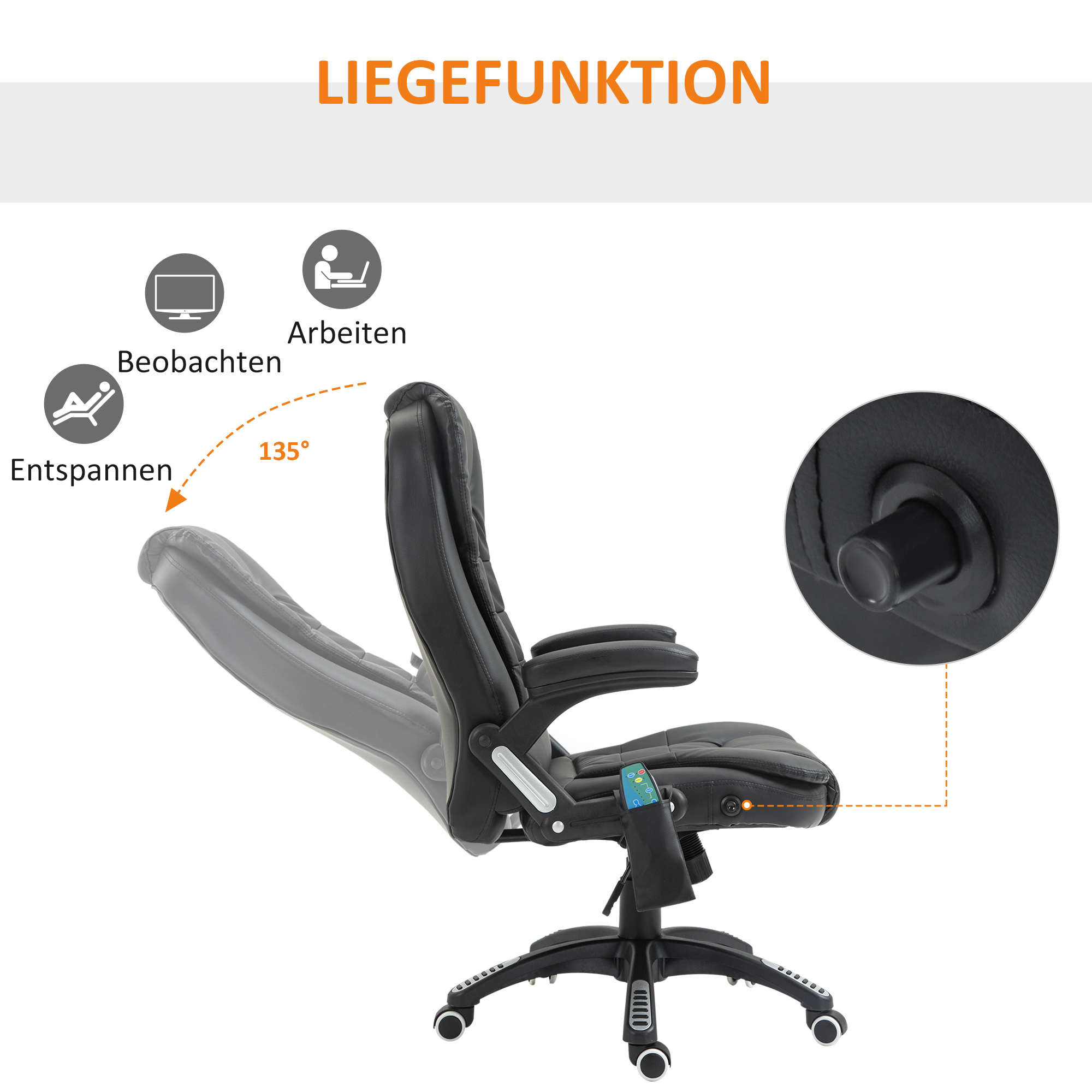 Massagesessel Bürostuhl, Chefsessel mit 6-Punkt-Vibrationsmassage und Wärmefunktion, drehbar Gaming-Stuhl, Kunstleder, 70 x 70 x 111-121 cm, Schwarz