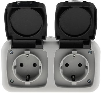 Feuchtraum Doppel-Steckdose, IP44, 250V~/ 16A, inkl. AP-Rahmen, grau